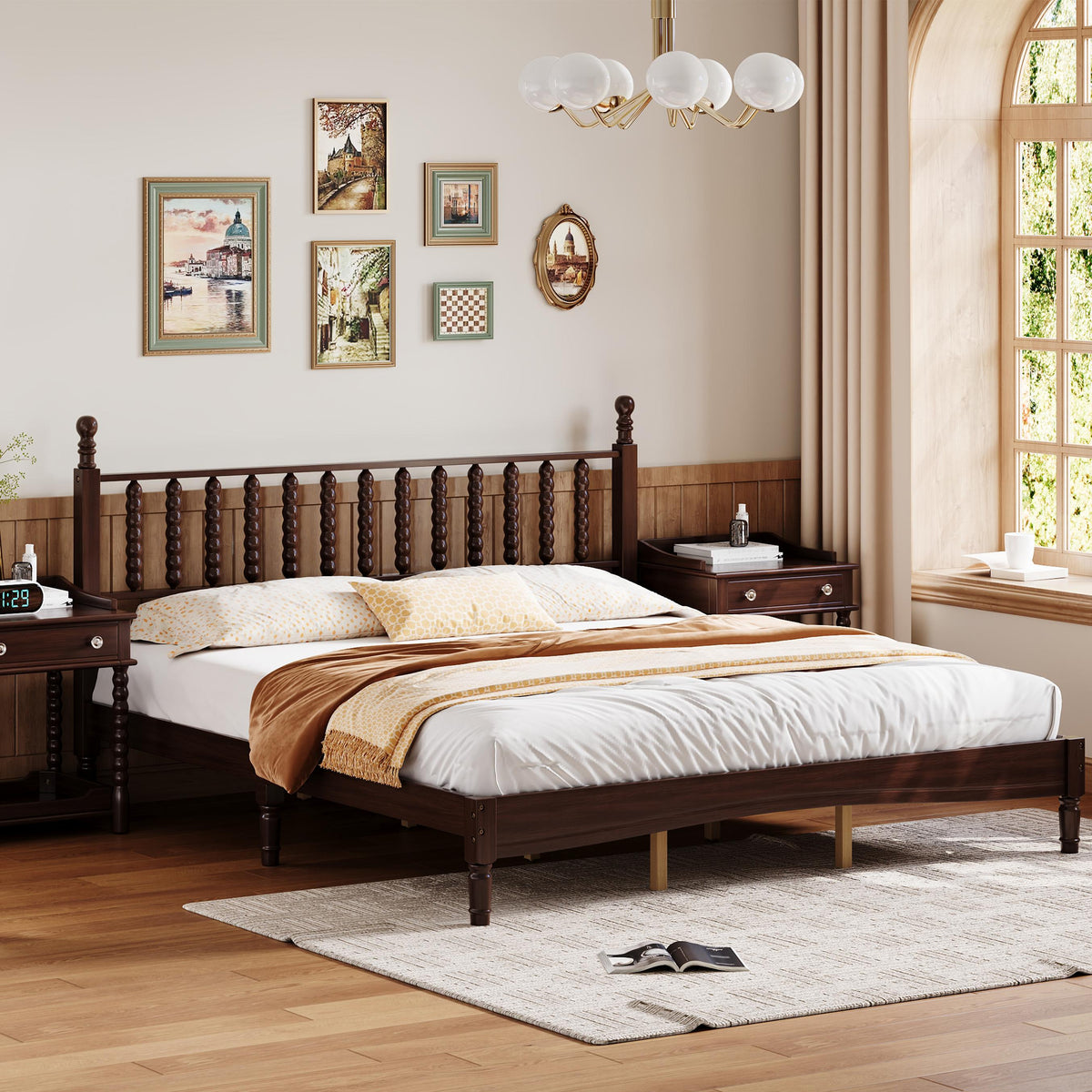 variant-group:rf-n733p338316d|Roomfitters King Wood Platform Bed, Retro Gourd Spindle Headboard with Solid Slat Support, Walnut