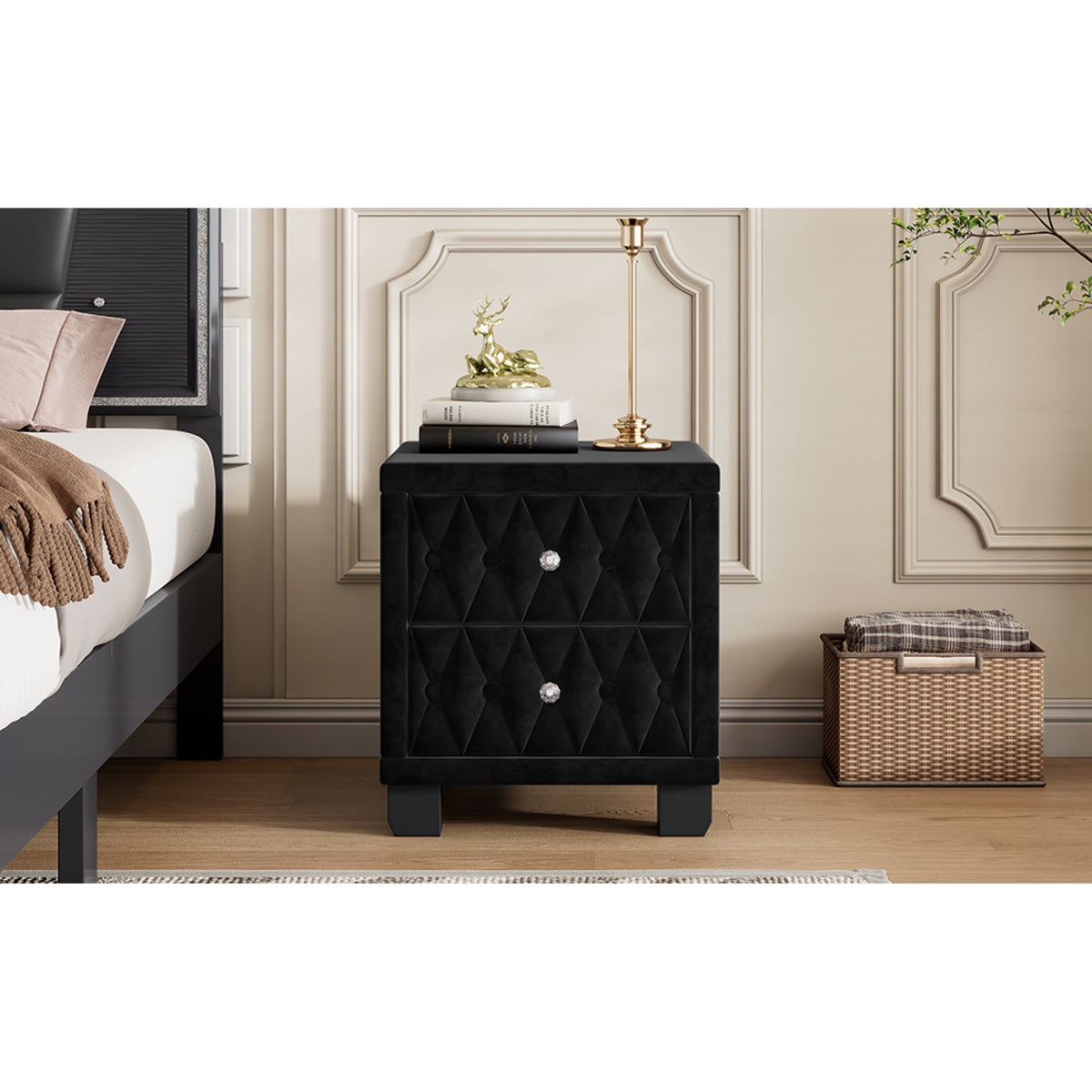 variant-group:rf-n733p210398b|Roomfitters Velvet Nightstand with Crystal Handles, Button-Tufted Upholstered Bedside Table with Two Storage Compartments, Black