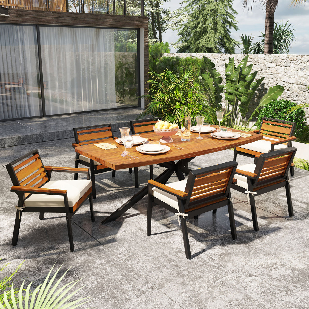 variant-group:rf-n704g201259a|Roomfitters Modern 7-Piece Patio Dining Set with Powder-Coated Iron Frame and Detachable Beige Cushions