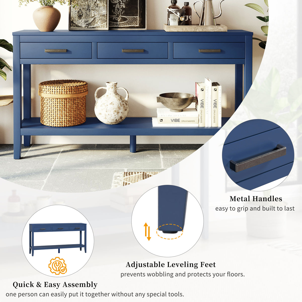 variant-group:rf-n711p410445v|Roomfitters 59.1" Farmhouse Entryway Table with 3 Drawers, Slim Console Sofa Table with Open Shelf for Hallway, Navy Blue