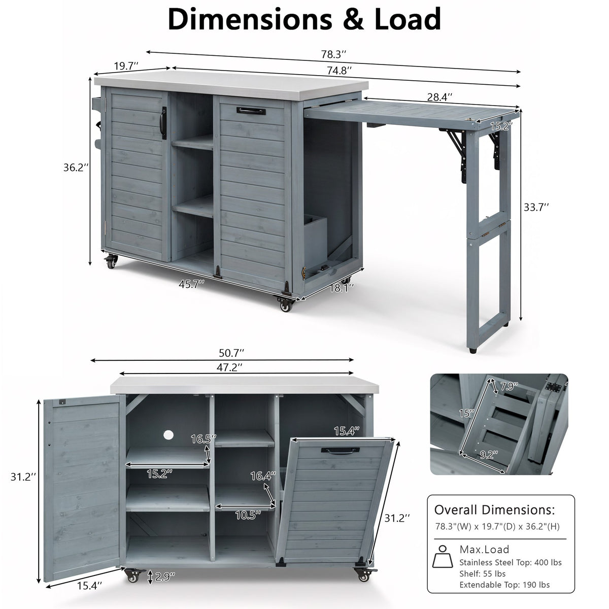 variant-group:rf-n707p370276g|Roomfitters 78.3" Outdoor Kitchen Island with Foldable Grill Table, Stainless Steel Top & Tilt Trash Can Storage, Grey Blue
