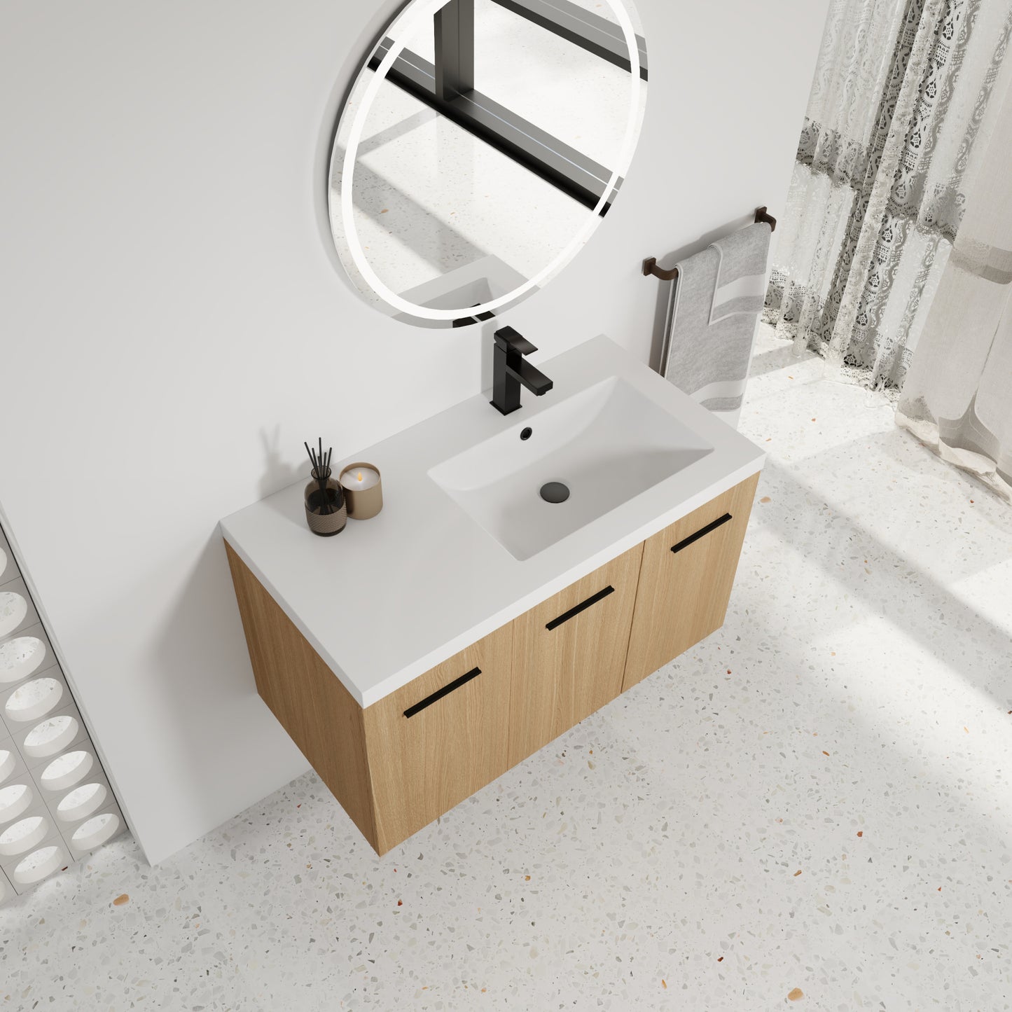 36" Wall-Mounted Floating Bathroom Vanity with Sink, Light Oak, 3-Door Modular Cabinet (2-Door + 1-Door), Gel Coat Integrated Sink Top, 3 Boxes, Ready-to-Assemble