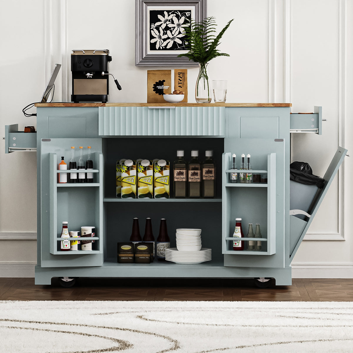 variant-group:rf-n707p221571g|Roomfitters Fluted Kitchen Island with Trash Can Cabinet, Power Outlet, Storage Rack, Rolling Cart with Open Side Racks, Grey Blue
