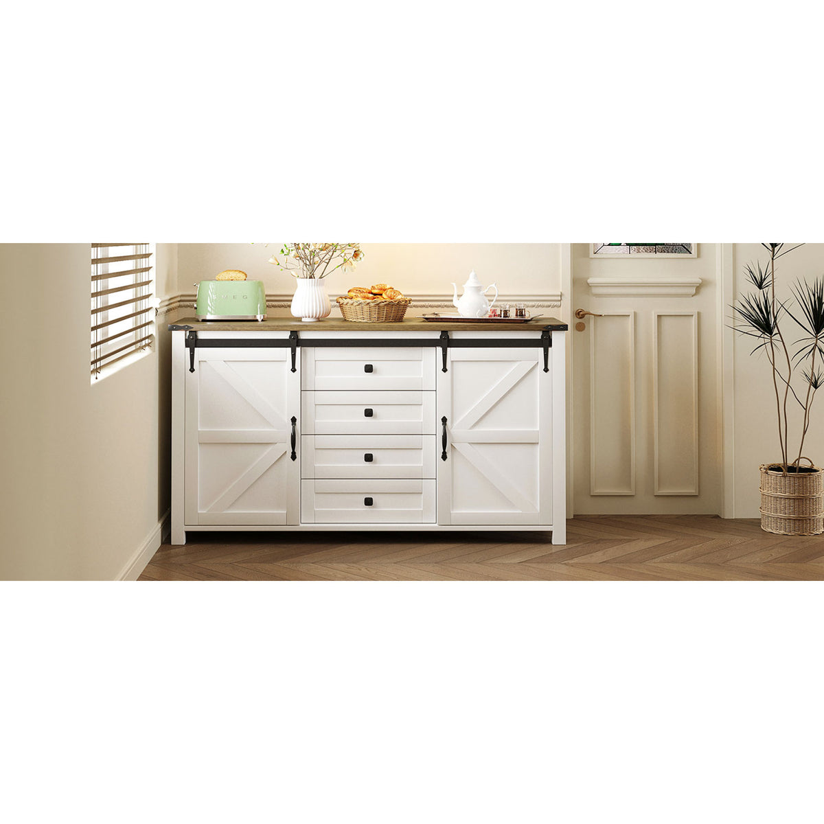variant-group:rf-n711p347377k|Roomfitters 55.1" Storage Cabinet with 4 Drawers and Sliding Barn Doors, Farmhouse Sideboard Buffet for Kitchen & Dining, White