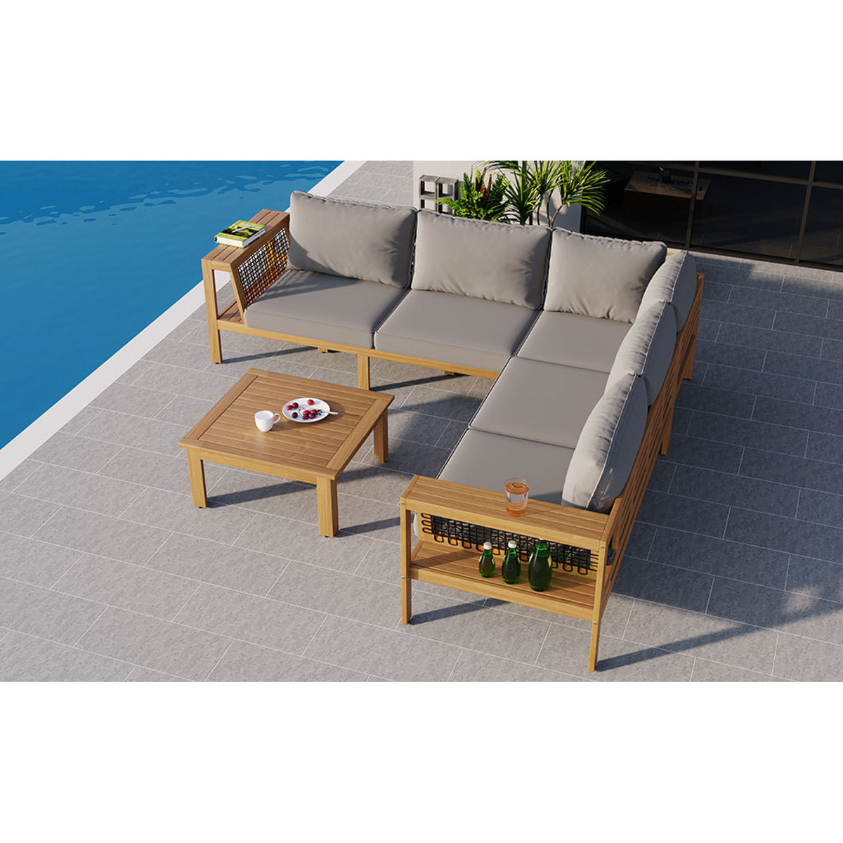 variant-group:rf-n704f201249e|Roomfitters 4-Piece Outdoor Sectional Sofa Set with Coffee Table and Built-in Side Shelves, Wood Frame, Gray+Natural