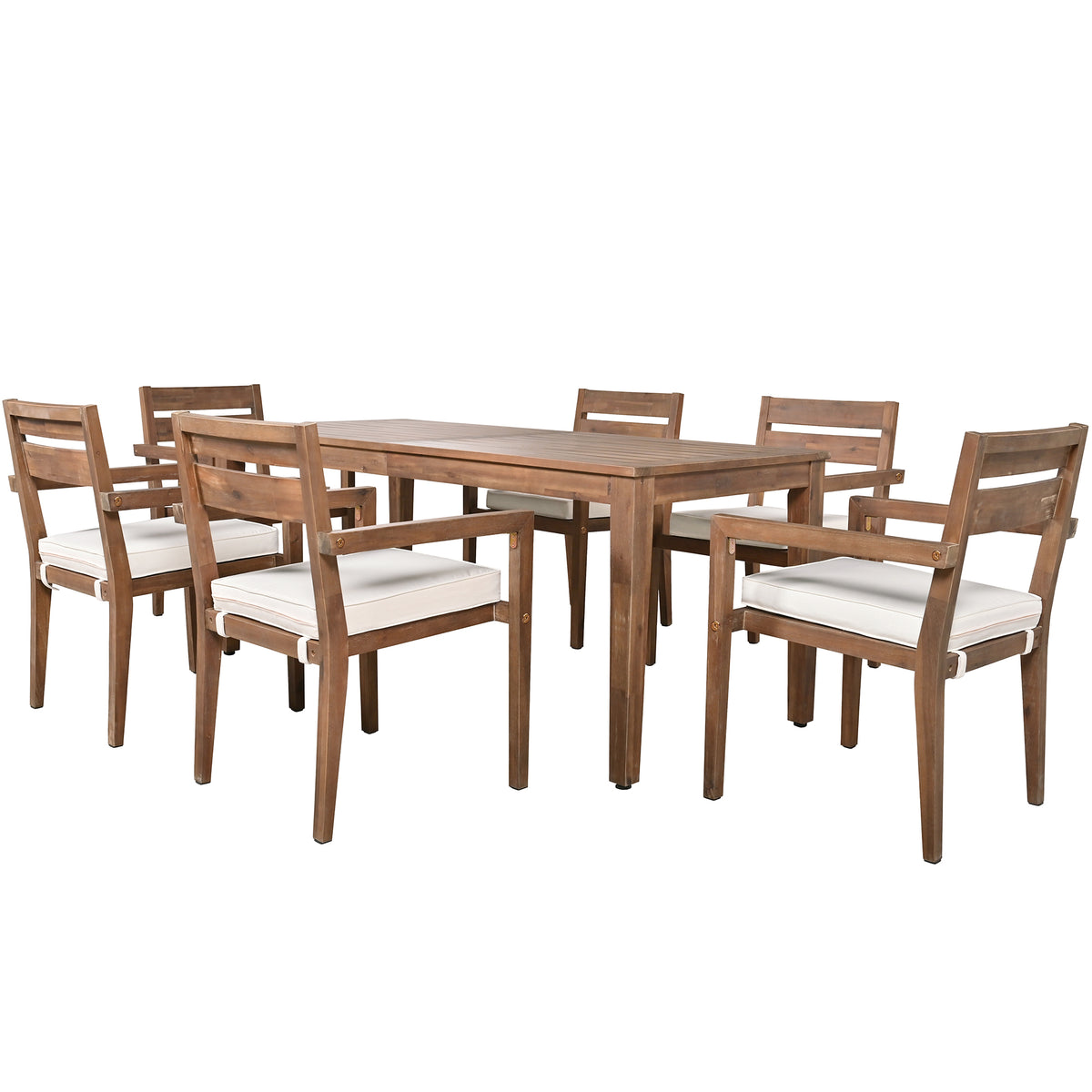 variant-group:rf-n711wy000459aad|Roomfitters 7-Piece Acacia Wood Outdoor Dining Set with Cushions, 6 Armchairs and Rectangular Table for Patio Garden, Burly Wood