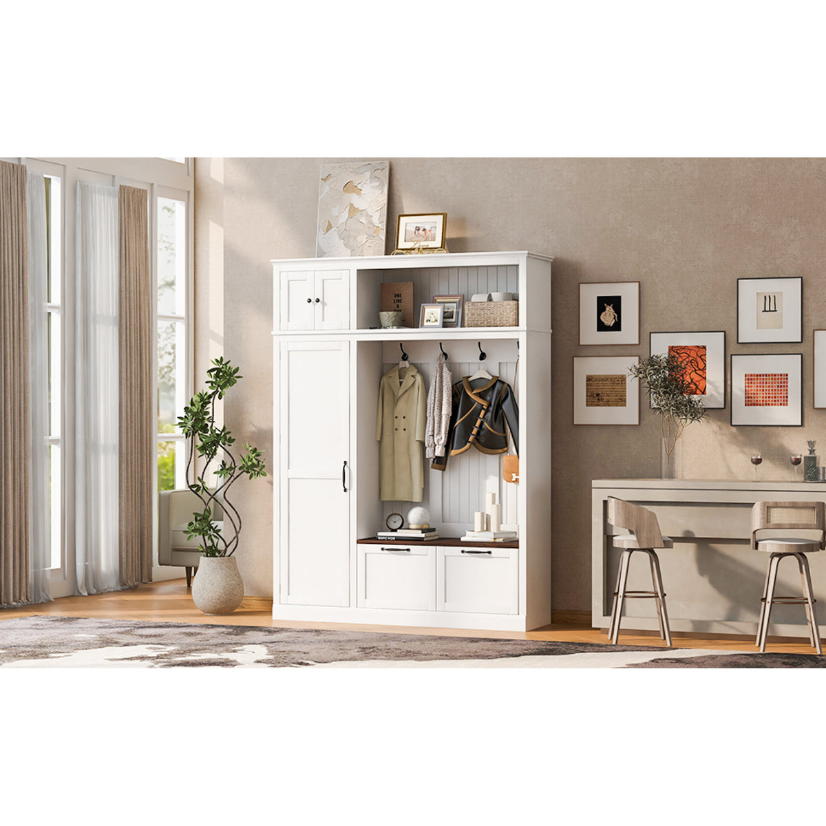 variant-group:rf-n724sj000160aak|Roomfitters 3-in-1 Entryway Hall Tree with Overhead Storage Cabinet, 2 Drawers, White