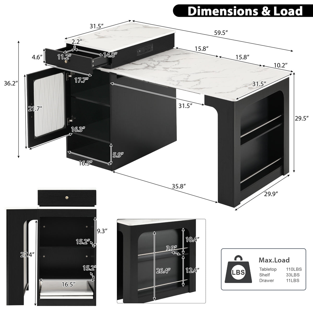 variant-group:rf-n707s000017b|Roomfitters 59.5" Kitchen Island with 41.8" Extendable Dining Table, Double-Sided Storage, Power Outlet, 2 Drawers, Black