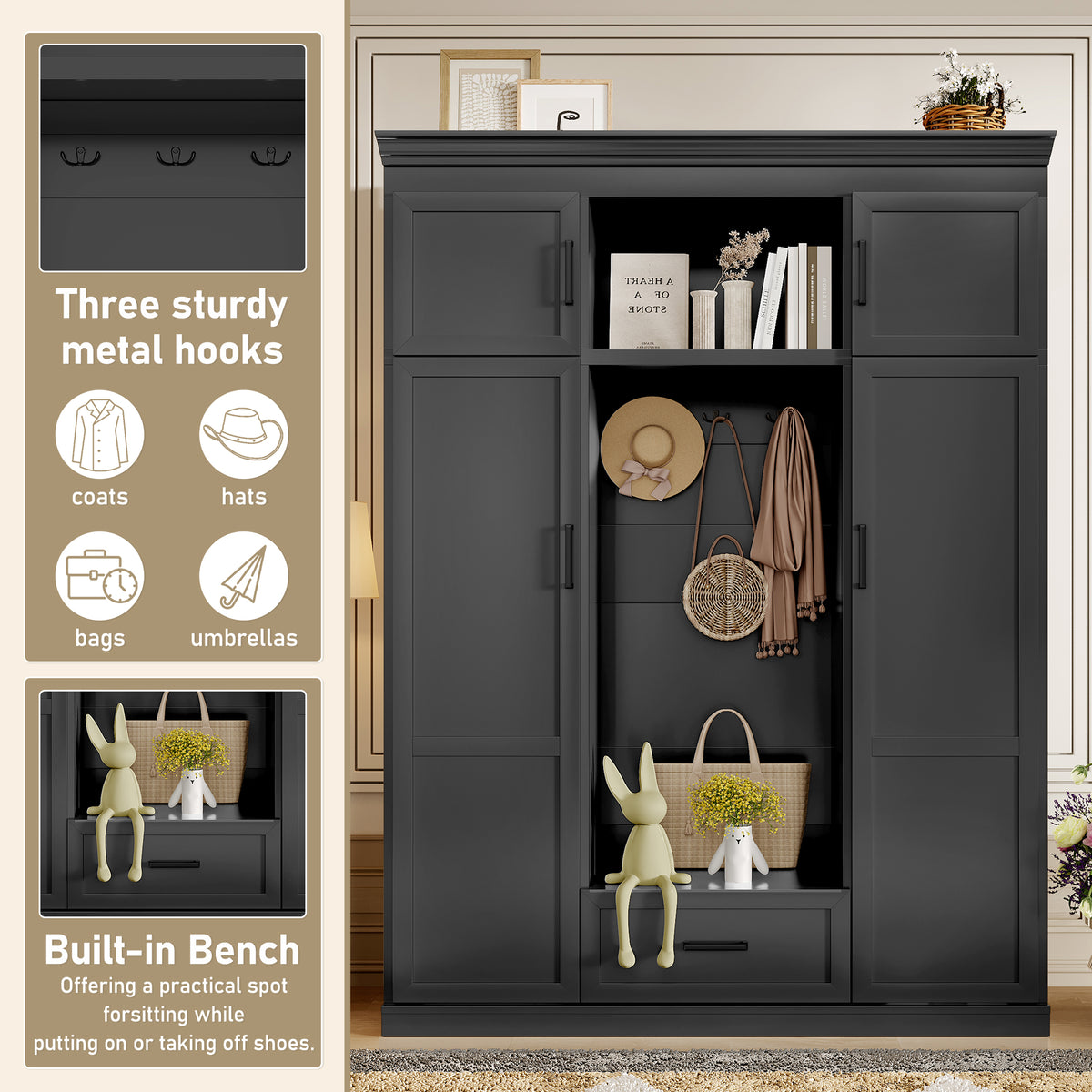 variant-group:rf-n724sj000140aab|Roomfitters 85.2" Hall Tree with Bench, 3 Hooks, 4 Doors, 1 Drawer and Adjustable Storage Shelves, Black