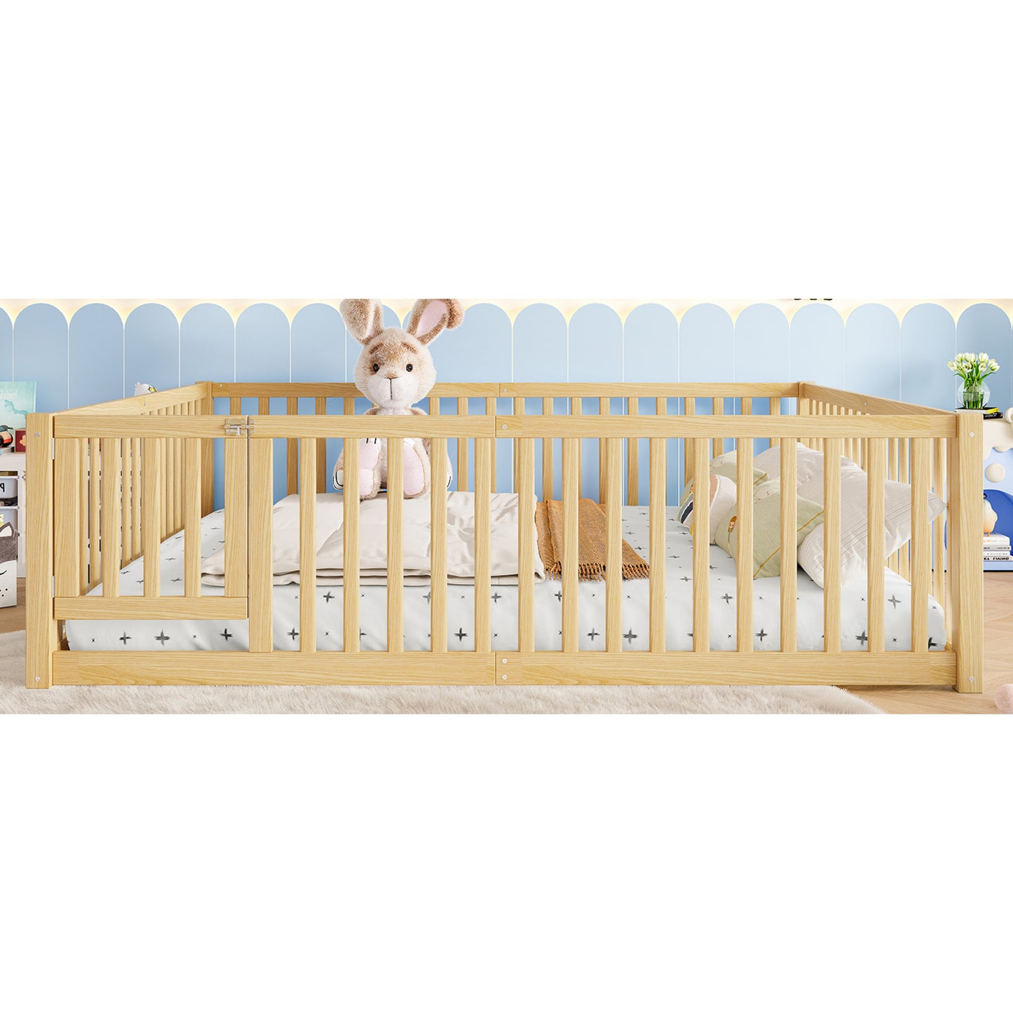 variant-group:rf-w1580p417673|Roomfitters Queen Size Wooden Floor Bed with Safety Guardrails Door, Solid Wood Low Profile Toddler Bed Frame, Natural