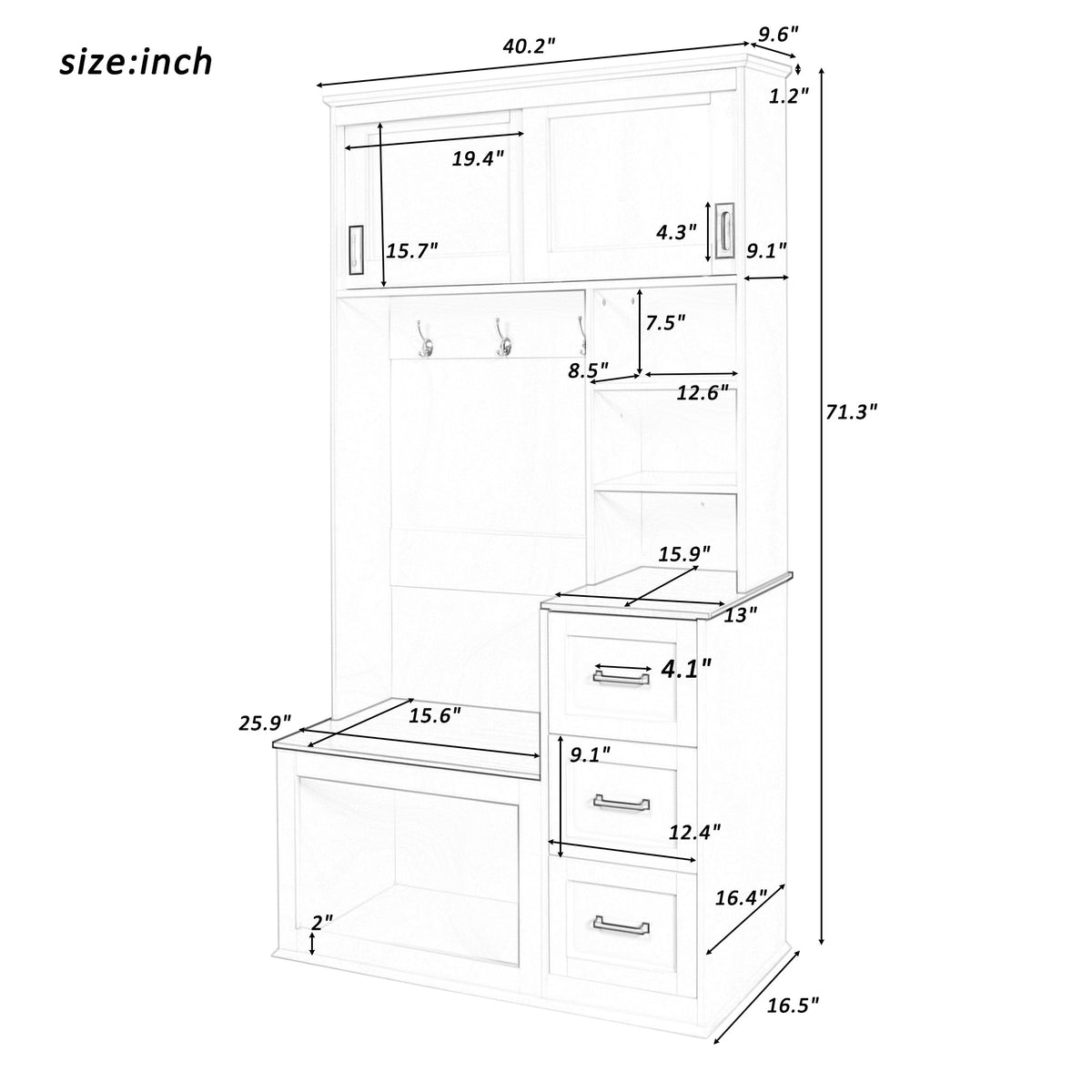 Roomfitters Modern Entryway Bench with Coat Rack, Hooks, Drawers and 3 Shelves, 40.2" Hall Tree, White Roomfitters