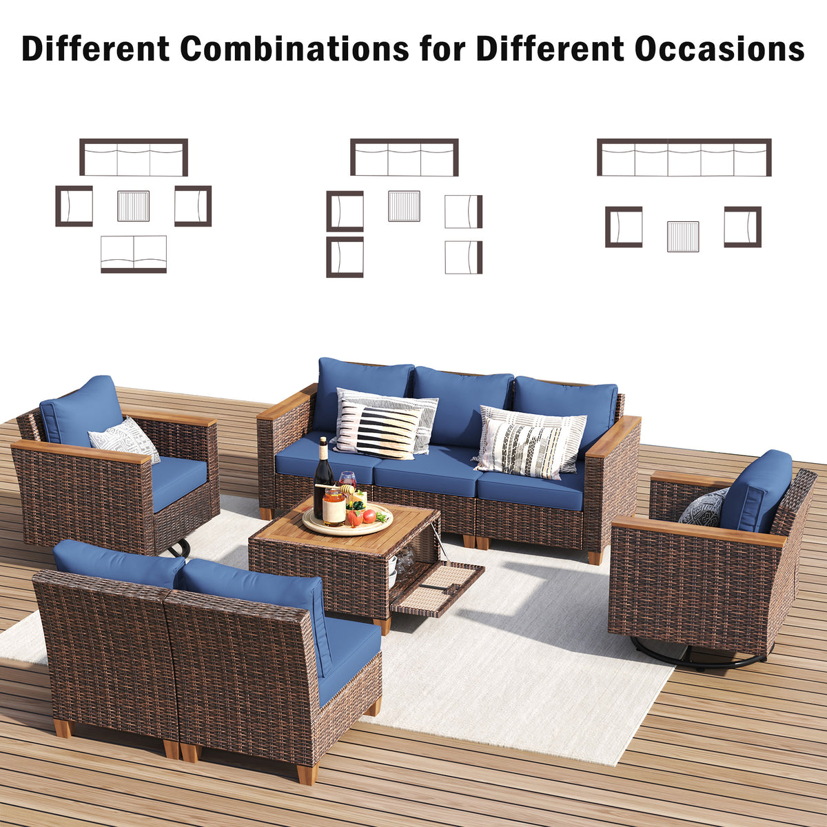 variant-group:rf-n707s005016e|Roomfitters 8-Piece Patio Furniture Set with 360 Swivel Rocker Chairs, Modular Outdoor Sectional Sofa & Table, Blue+Brown
