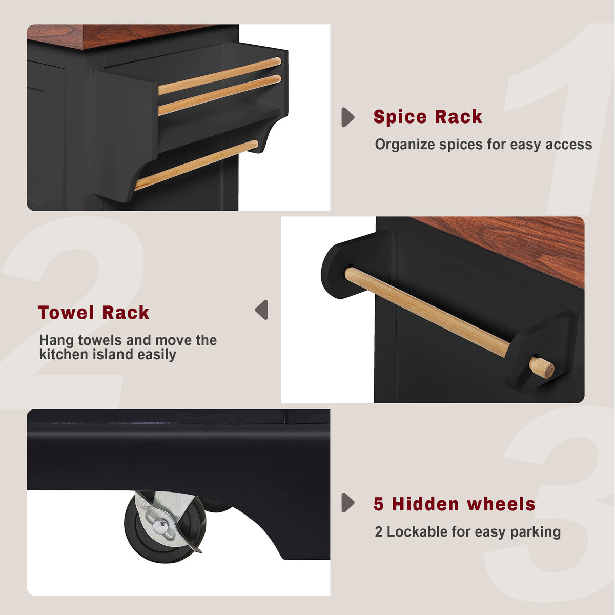 variant-group:rf-n707s000025b|Roomfitters 53" Kitchen Island with Butcher Block Top, Storage Cabinet with Drawers, Spice Rack and Towel Holder, Black