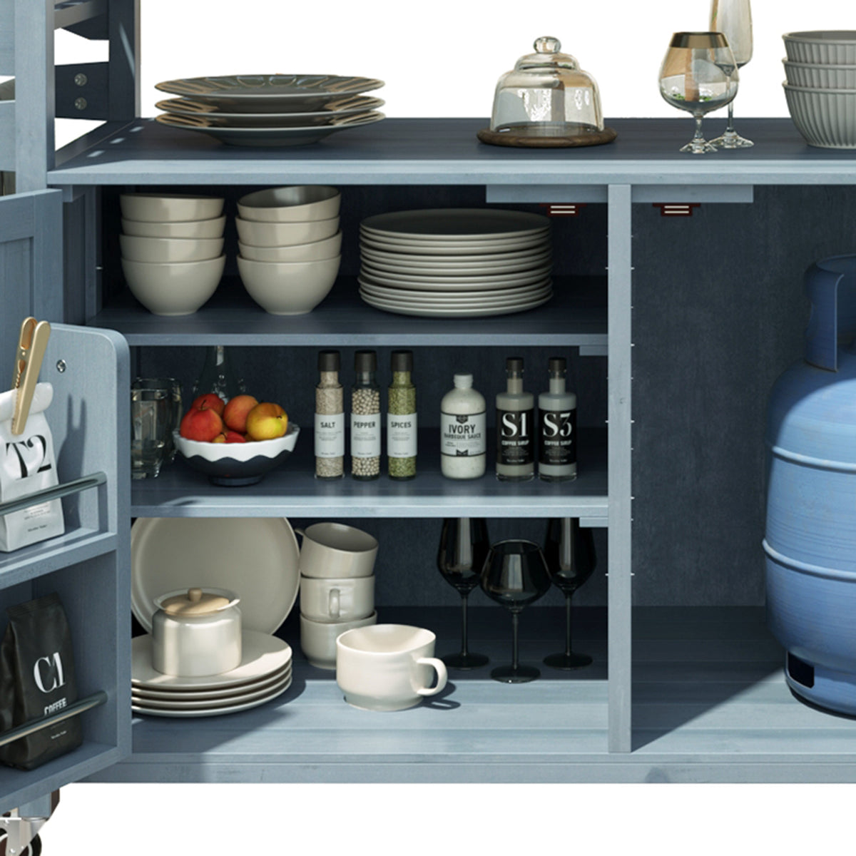 variant-group:rf-n707p250628g|Roomfitters 53.3" Outdoor Kitchen Island with Raised Shelf, Wood Storage Cabinet, Stainless Steel Top, Rolling Grill Cart, Grey Blue
