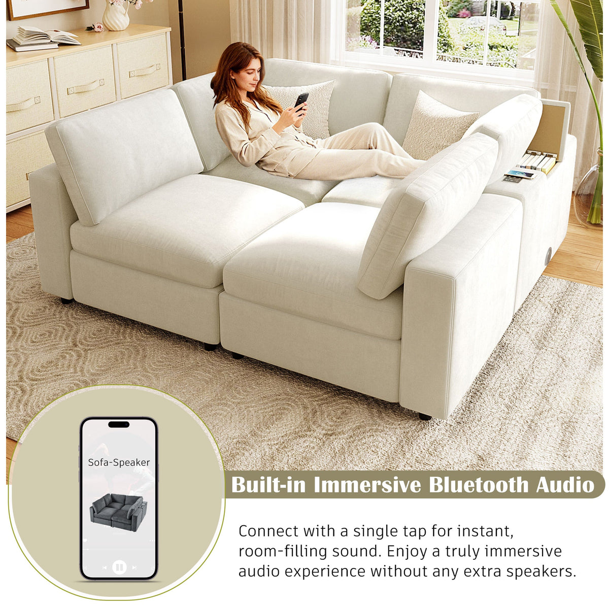 Roomfitters 133.5" Upholstered Modular Sectional Sofa with Storage Space and Built-in USB Charging for Living Room, Beige Roomfitters