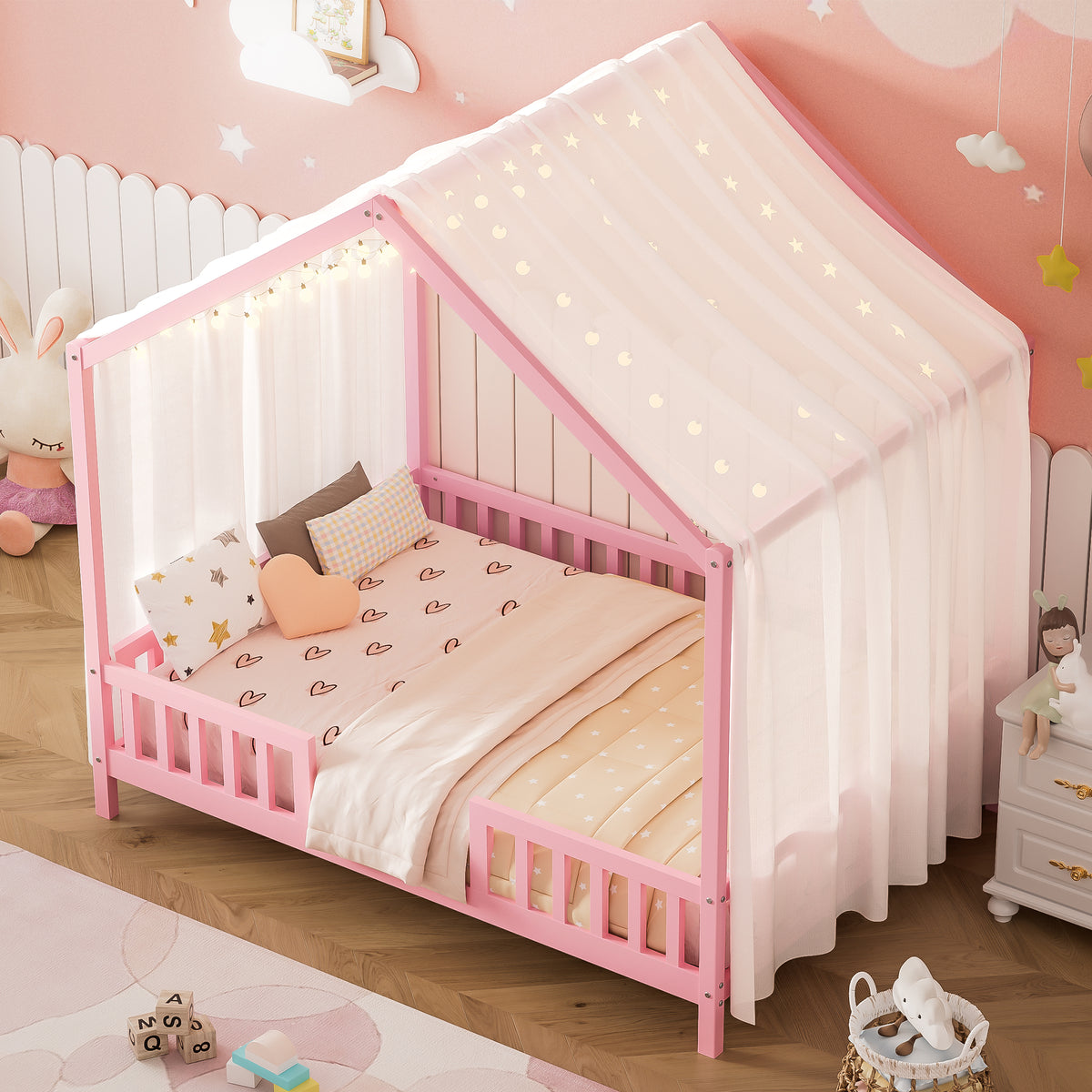variant-group:rf-n733p356048h|Roomfitters Full Montessori Floor Bed with Canopy, House Shape Wood Frame with Safety Rails, Platform Bed, Pink