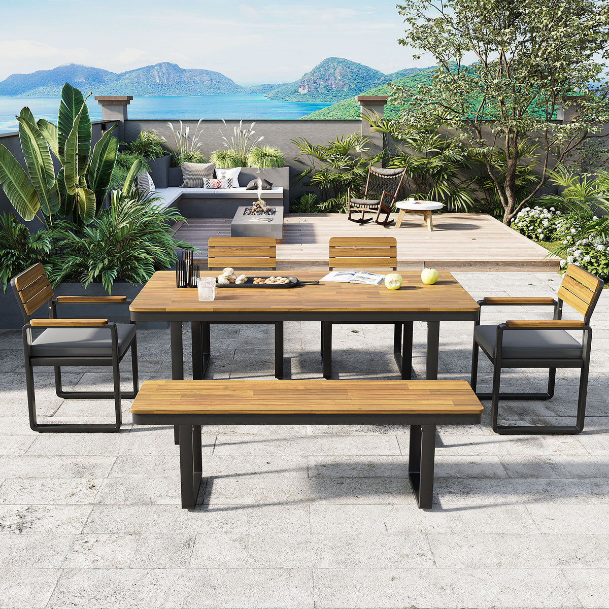 variant-group:rf-n704g201255e|Roomfitters 6-Piece Solid Acacia Wood Patio Dining Set with Steel Frames and Cushion Chairs Gray
