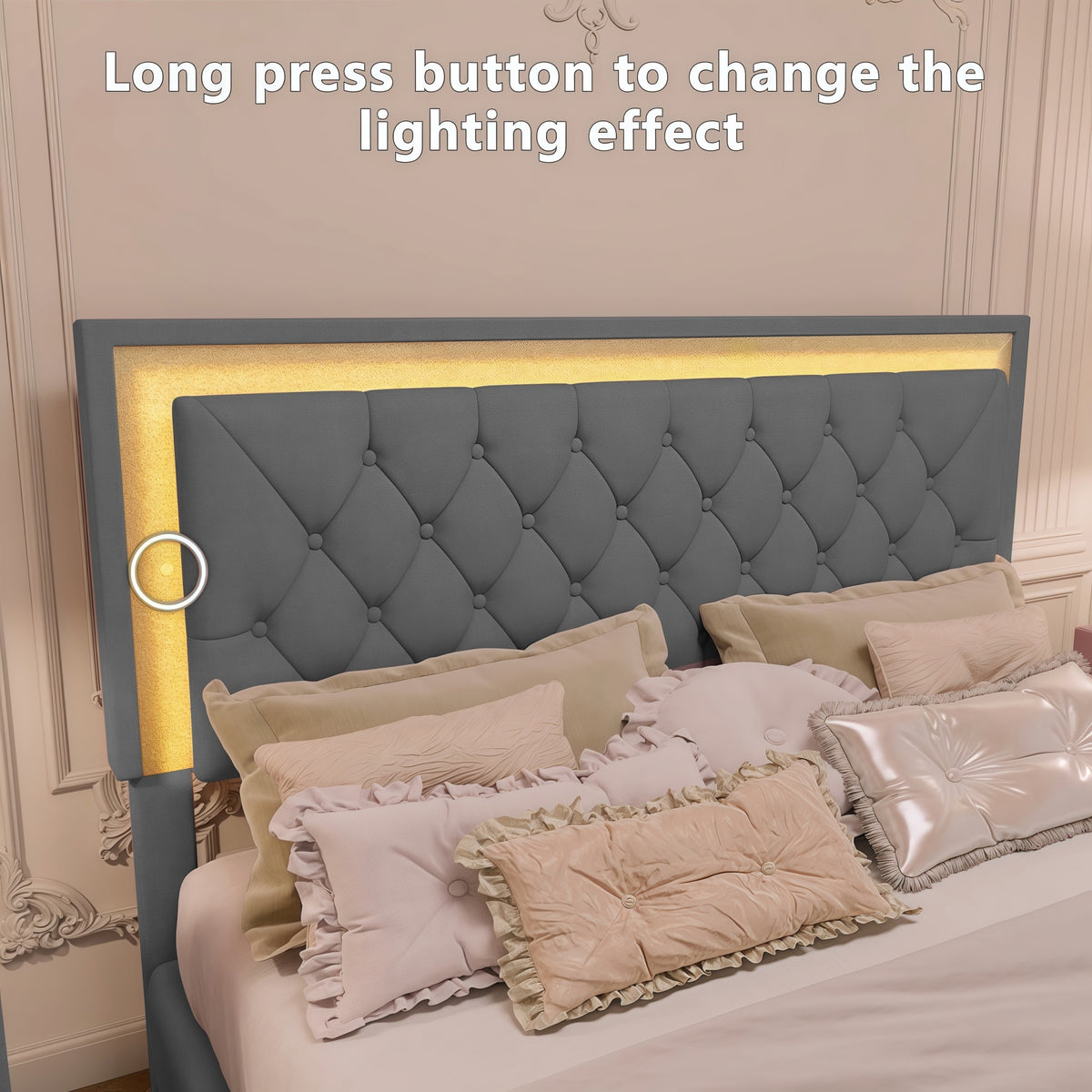 variant-group:rf-n733p183657e|Roomfitters Modern Velvet Queen Platform Bed with Tufted Headboard and Built-In Lighting, Gray