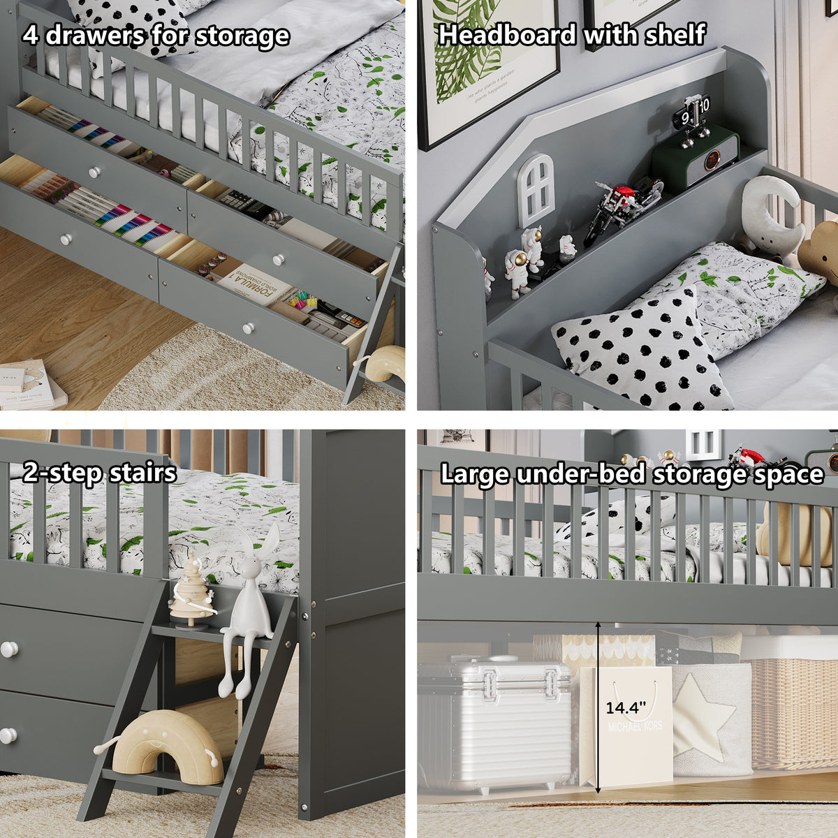 variant-group:rf-n733s278032e|Roomfitters Twin Platform Bed Frame with Four Drawers, Wooden Kids Bed with Guardrail Headboard and Ladder, Gray