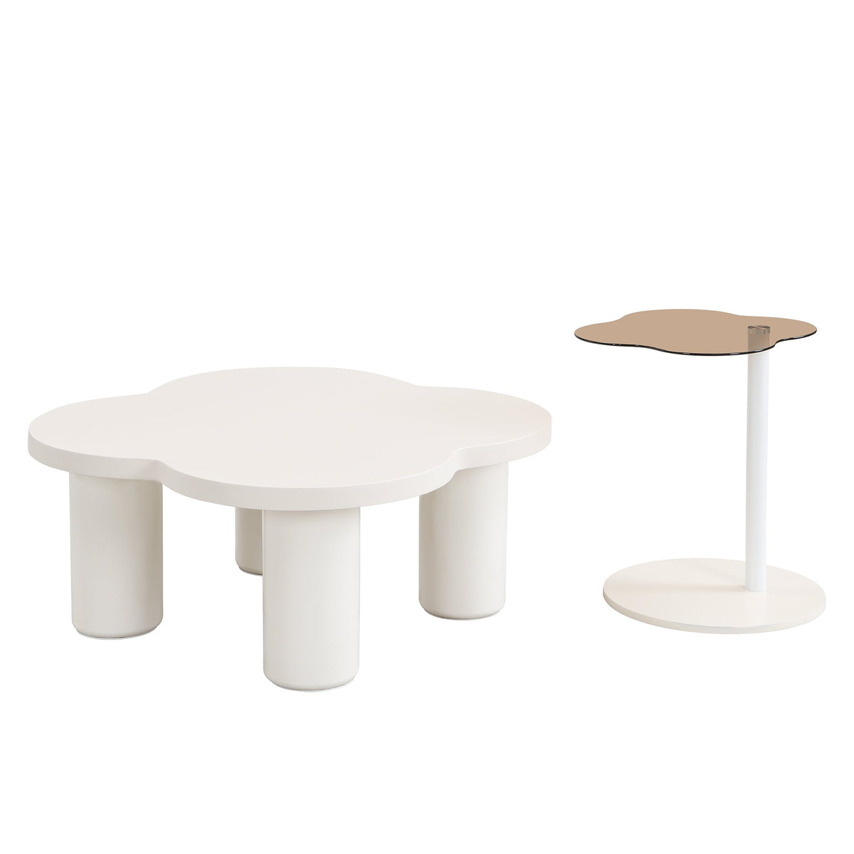 Roomfitters Modern Coffee Table Set of 2 with Irregular Shape and Glass End Table, Roman Column Legs, White Roomfitters
