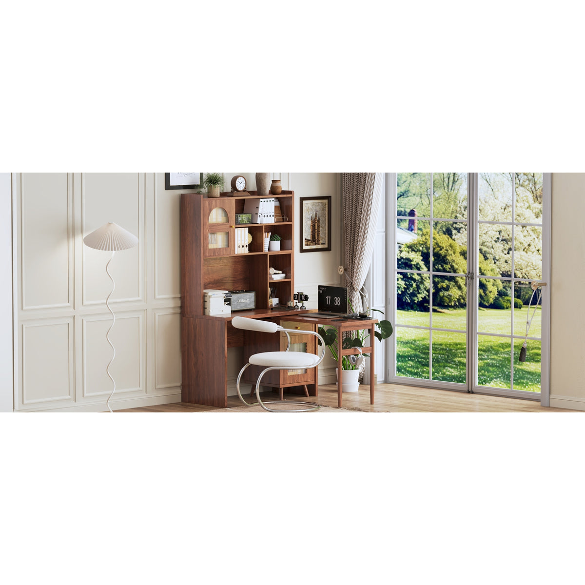 variant-group:rf-n733s363716d|Roomfitters Rotating L-Shaped Computer Desk with Shelves and Storage, 90° Swivel Office Writing Desk, Walnut