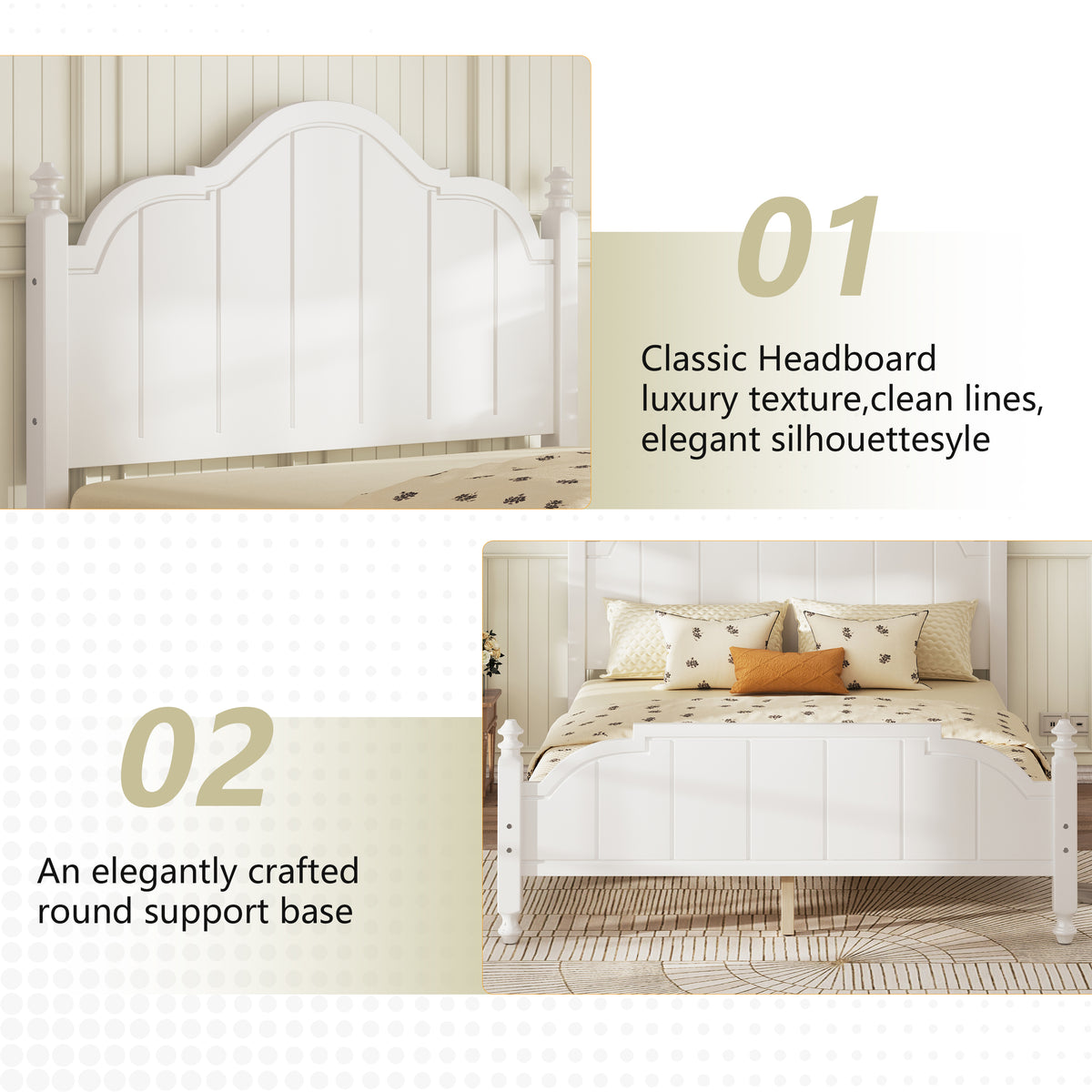 variant-group:rf-n733p360940k|Roomfitters Queen Wood Platform Bed Frame with Curved Headboard, Vintage Style Slat Support, No Box Spring Required, White
