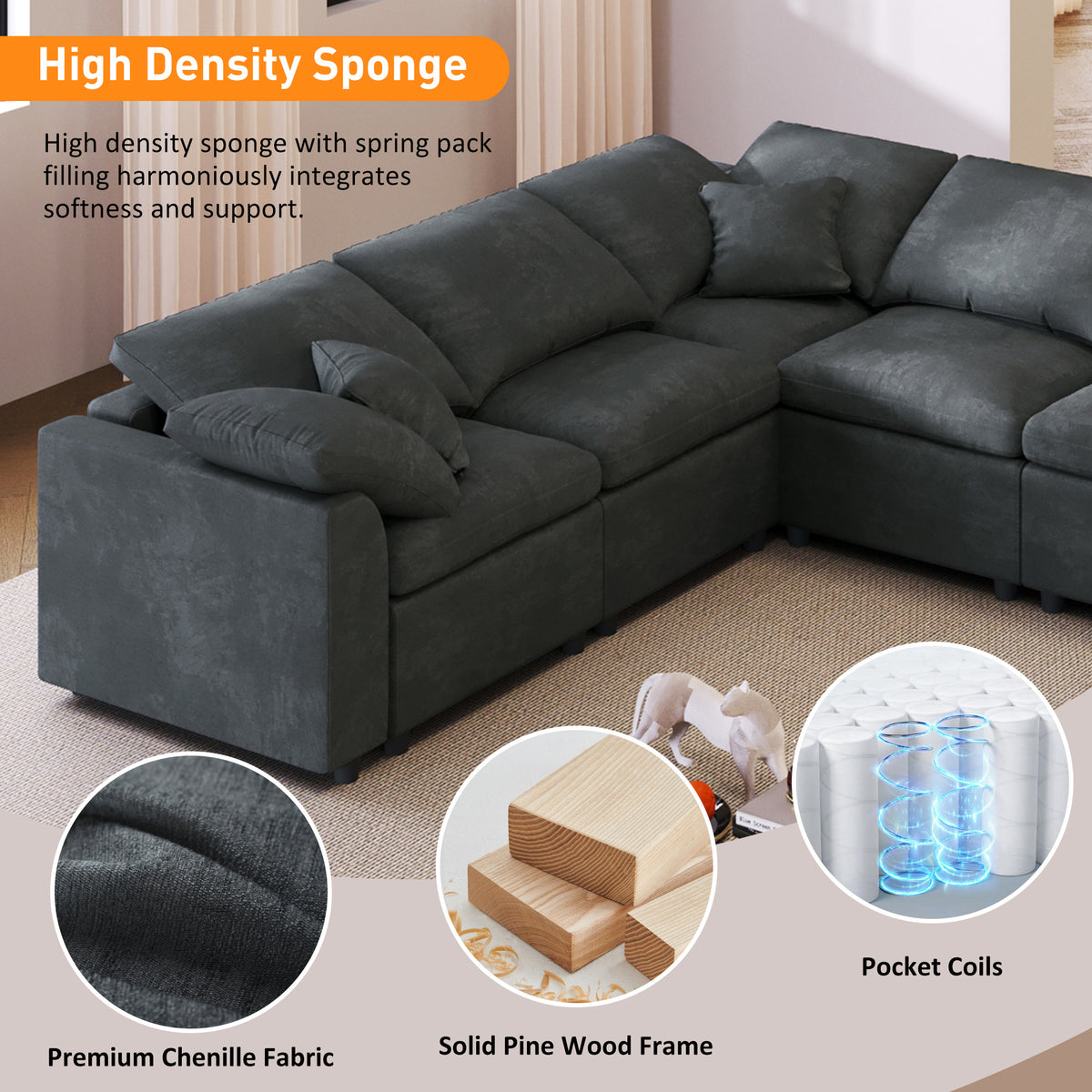 variant-group:rf-n711wy000453aae|Roomfitters 7-Seater Modular Sectional Sofa with Ottoman, Extra Large L-Shape Chenille Upholstered Couch, Gray