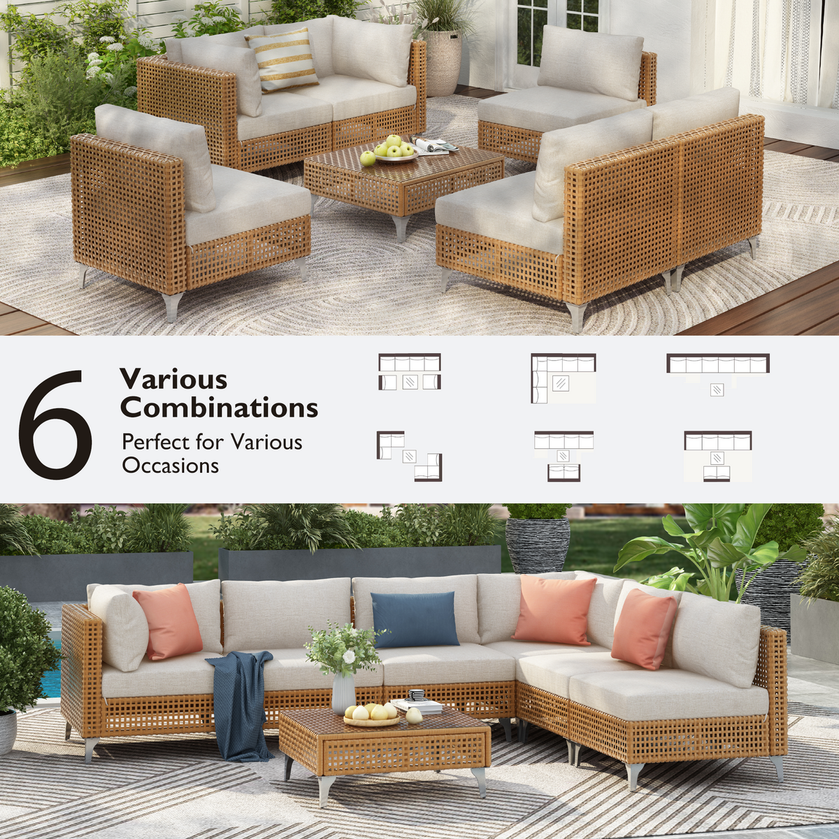 variant-group:rf-n707s000011z|Roomfitters 7-Piece Wicker Patio Furniture Set, Outdoor Sectional Sofa with Water-Resistant Cushions, Table, Natural