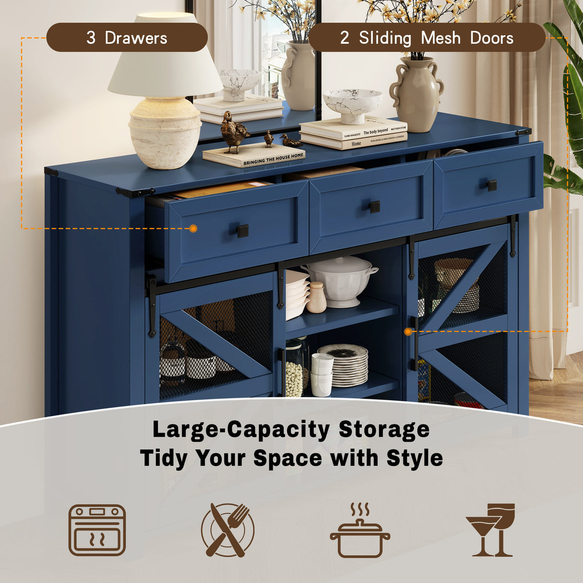 variant-group:rf-n711p347384v|Roomfitters 55" Sideboard Buffet Cabinet with 3 Drawers & Sliding Barn Doors, Farmhouse Storage for Kitchen & Dining, Navy Blue