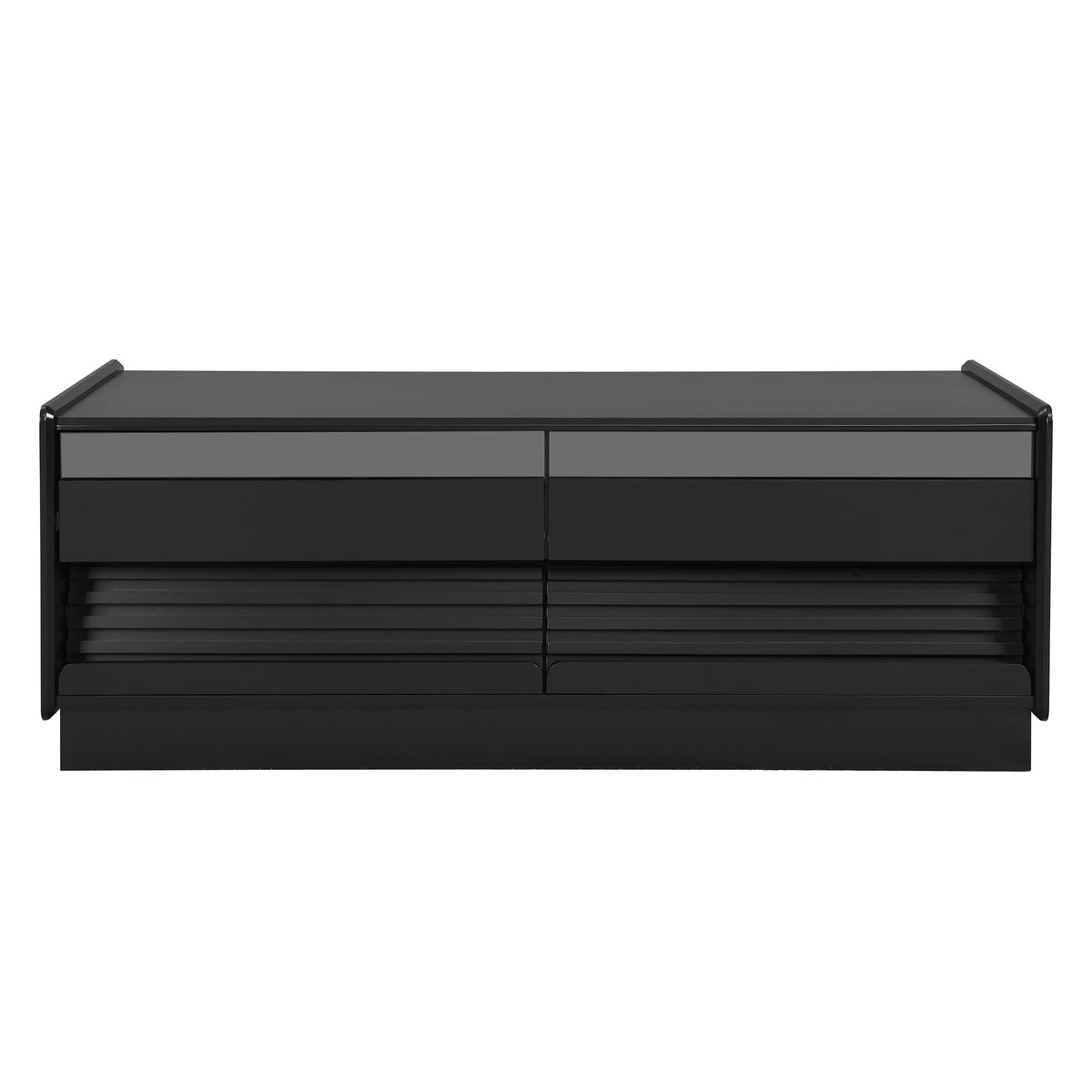 variant-group:rf-n724p286421b|Roomfitters Rectangle Coffee Table with Fluted Style, 4 Storage Compartments and Glass Display Shelves, Black