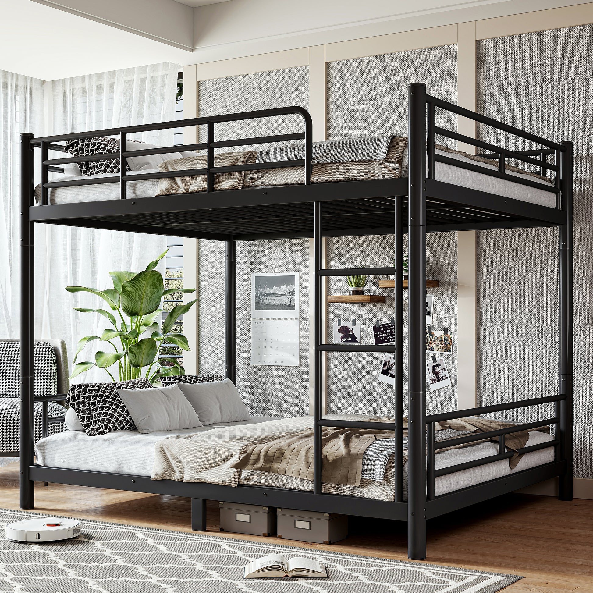 variant-group:rf-w1580s00607|Roomfitters Queen over Queen Metal Bunk Bed Frame for Teens Adults, Convertible 2 Separate Beds Round Tube, Black