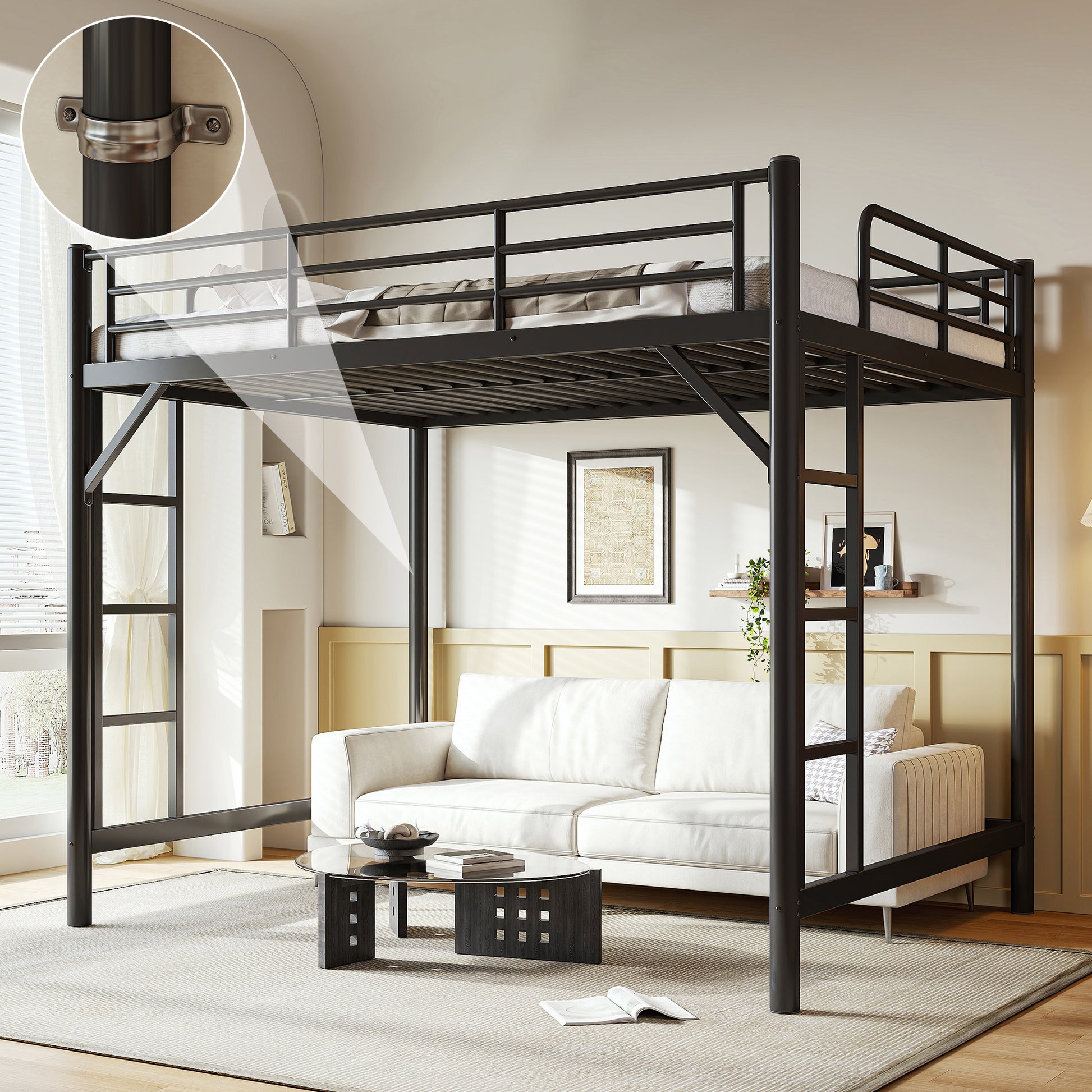 variant-group:rf-w1580p455017|Roomfitters Queen Size Metal Loft Bed Frame with Guardrails, Heavy Duty Space Saving High Loft Bed Dual Ladders, Black