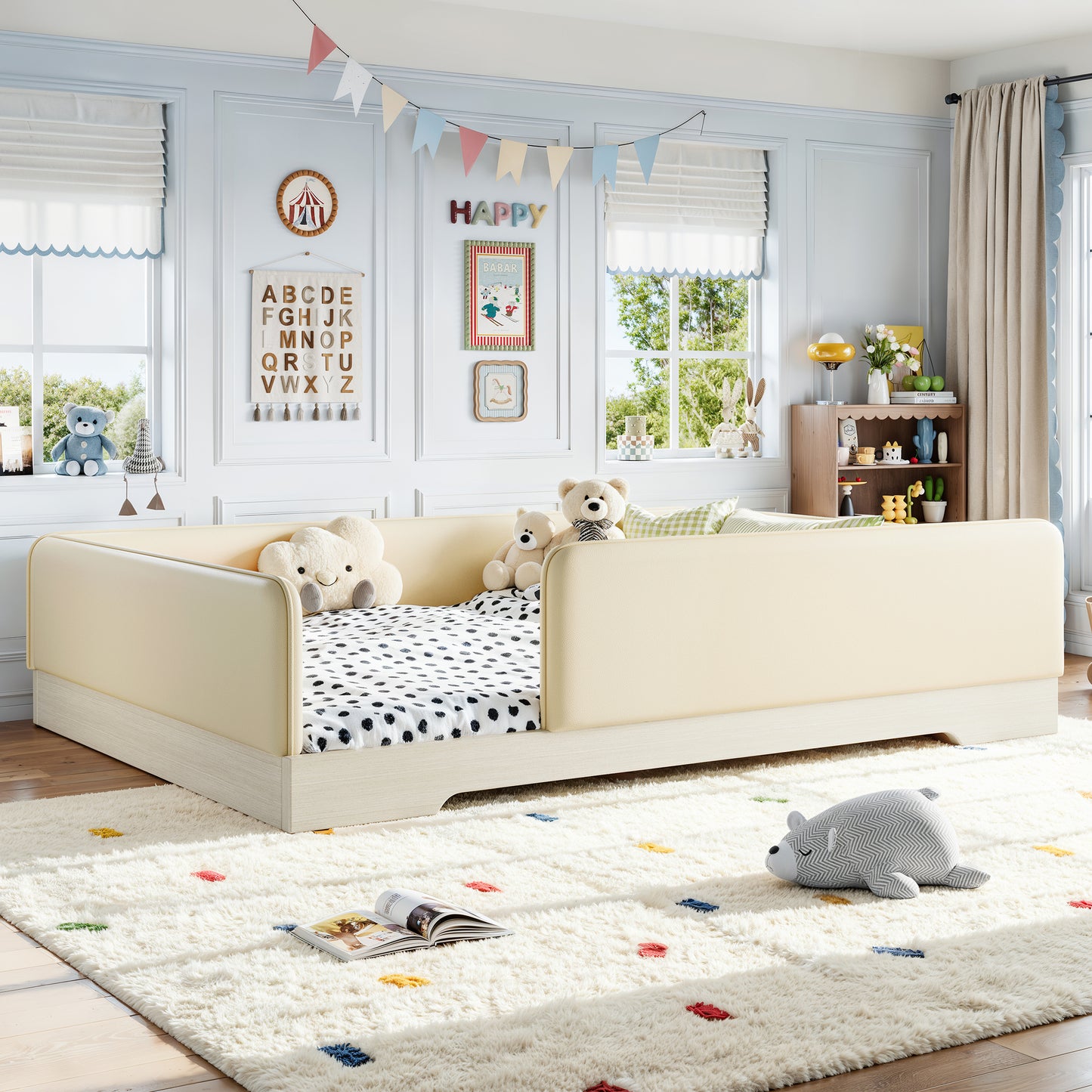 variant-group:rf-w1580s00673|Roomfitters Queen Size Upholstered Floor Bed Frame with Removable Guardrails, Faux Leather Low Profile Platform, Beige