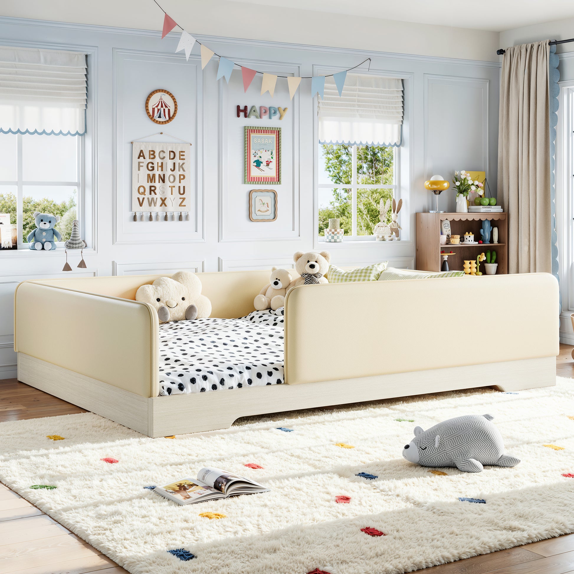 variant-group:rf-w1580s00673|Roomfitters Queen Size Upholstered Floor Bed Frame with Removable Guardrails, Faux Leather Low Profile Platform, Beige