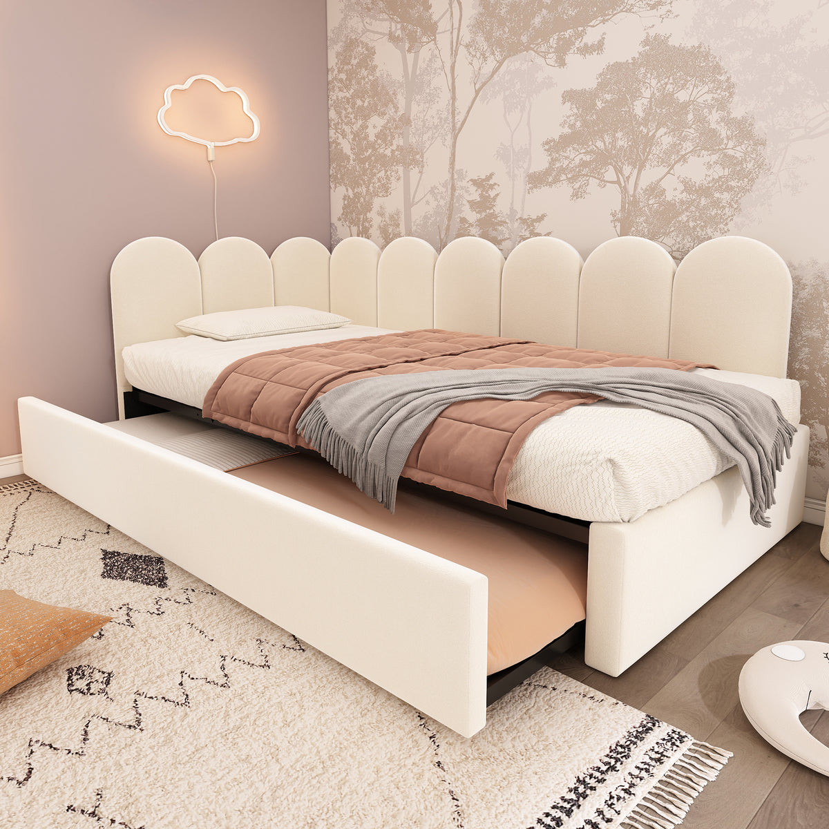 variant-group:rf-n736aa20362122b|Roomfitters Velvet Upholstered Twin Daybed with Pull Out Trundle, Sofa Bed with Metal Slat Frame, Beige