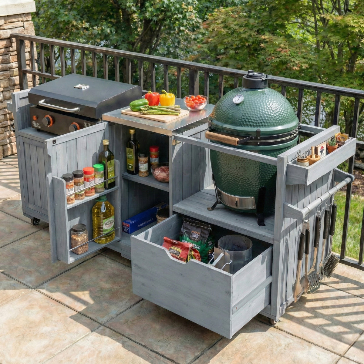 variant-group:rf-n707p392140g|Roomfitters 80.5" Extra Large Grill Cart, Outdoor Kitchen Prep Station with Stainless Steel Top & Kamado Grill Stand, Grey+Blue