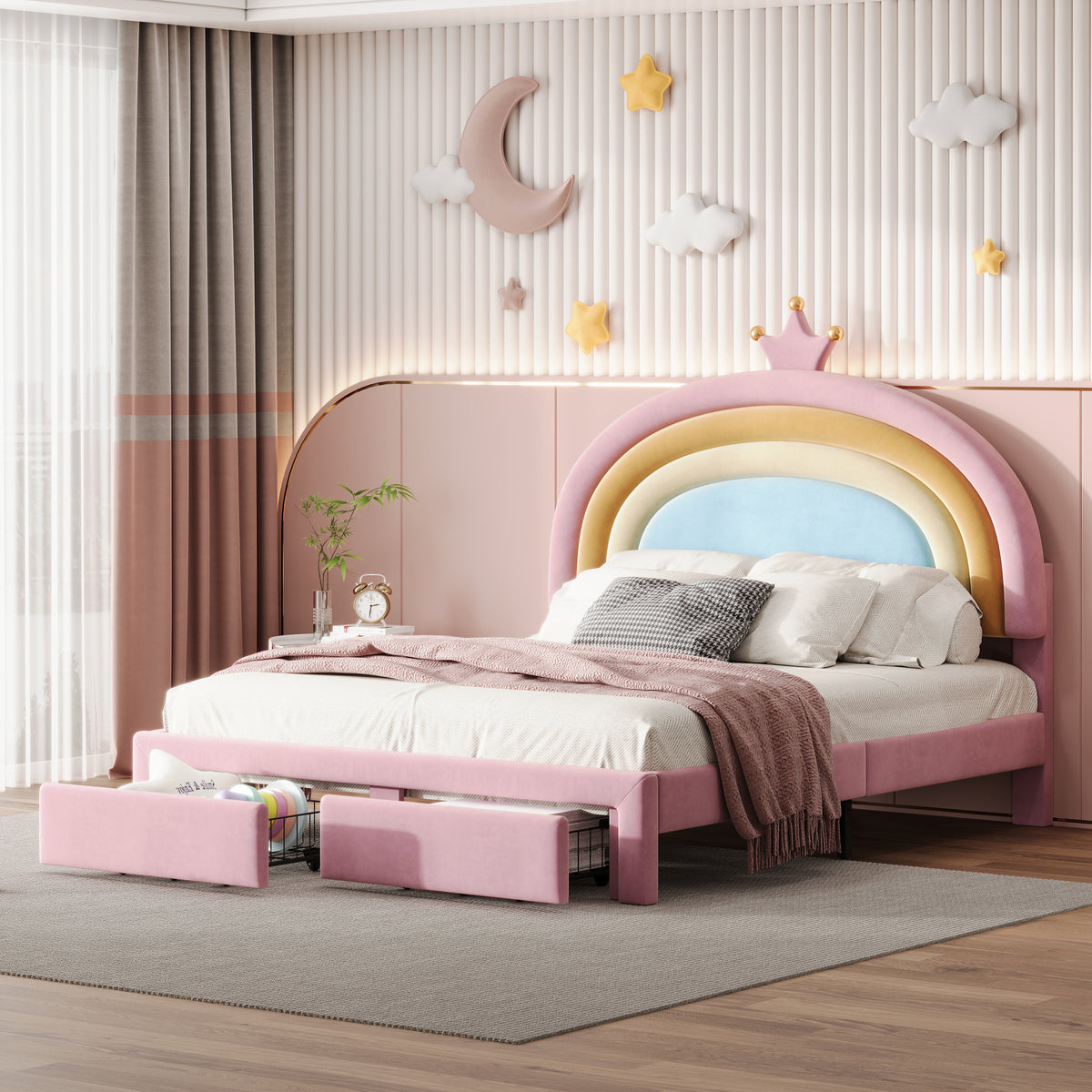 variant-group:rf-n733p234609h|Roomfitters Full Size Upholstered Rainbow Design Bed, Velvet Princess Platform Bed with Storage Drawer, No Box-spring Needed, Colorful & Pink