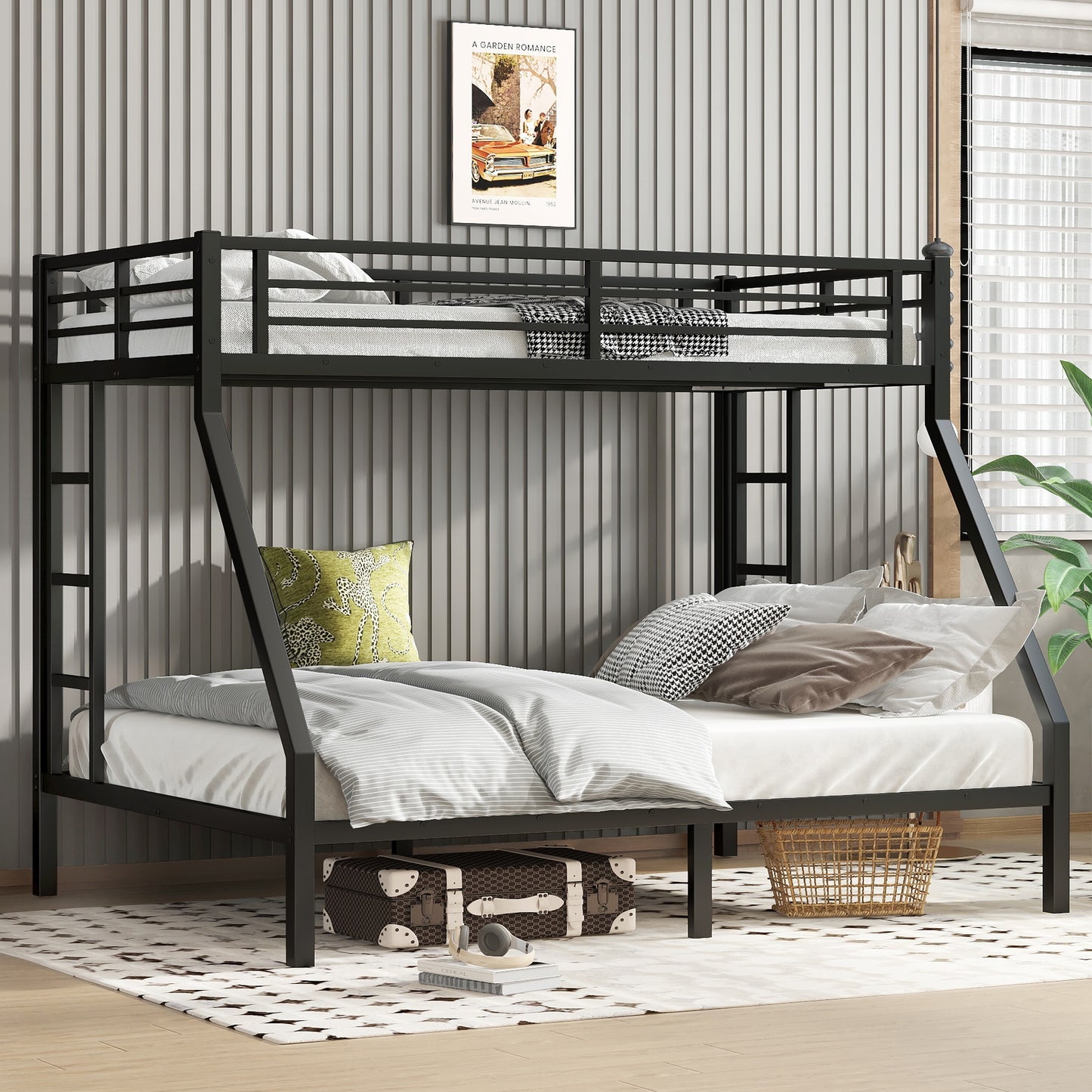 variant-group:rf-w1580p336606|Roomfitters Metal Twin XL Over Queen Bunk Bed Frame with Ladder & Safety Rail, Durable Space-Saving Design, Black