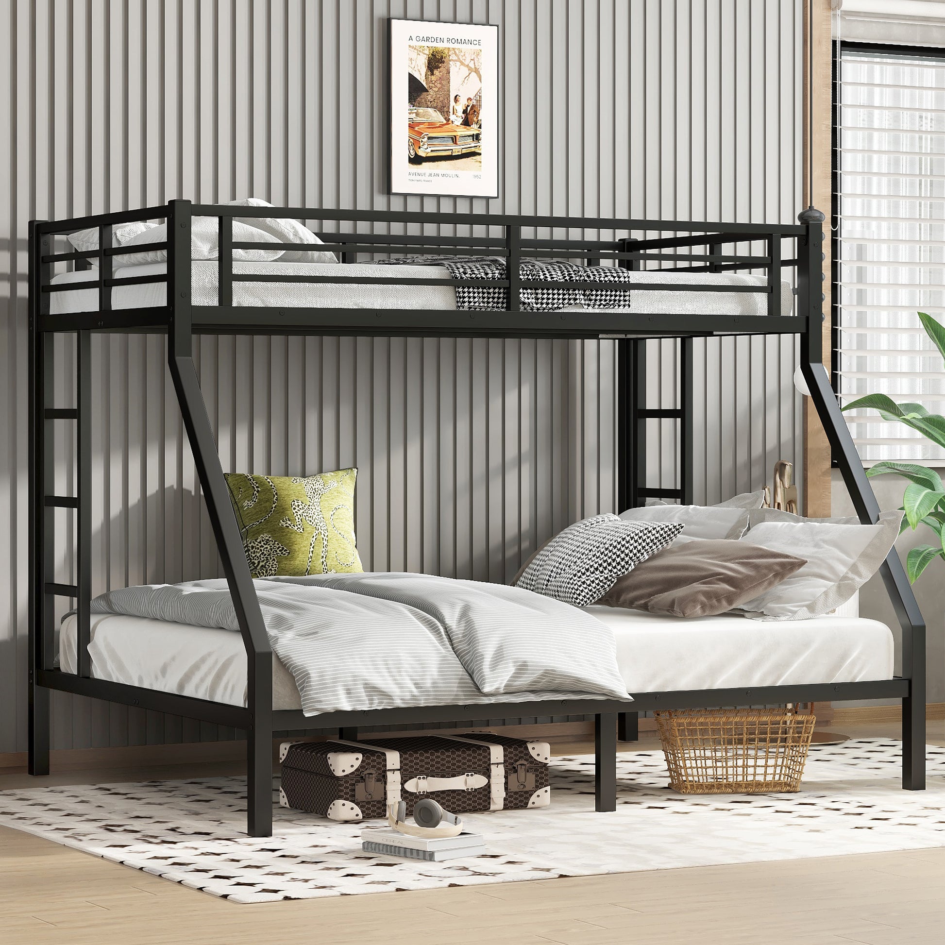 variant-group:rf-w1580p336606|Roomfitters Metal Twin XL Over Queen Bunk Bed Frame with Ladder & Safety Rail, Durable Space-Saving Design, Black