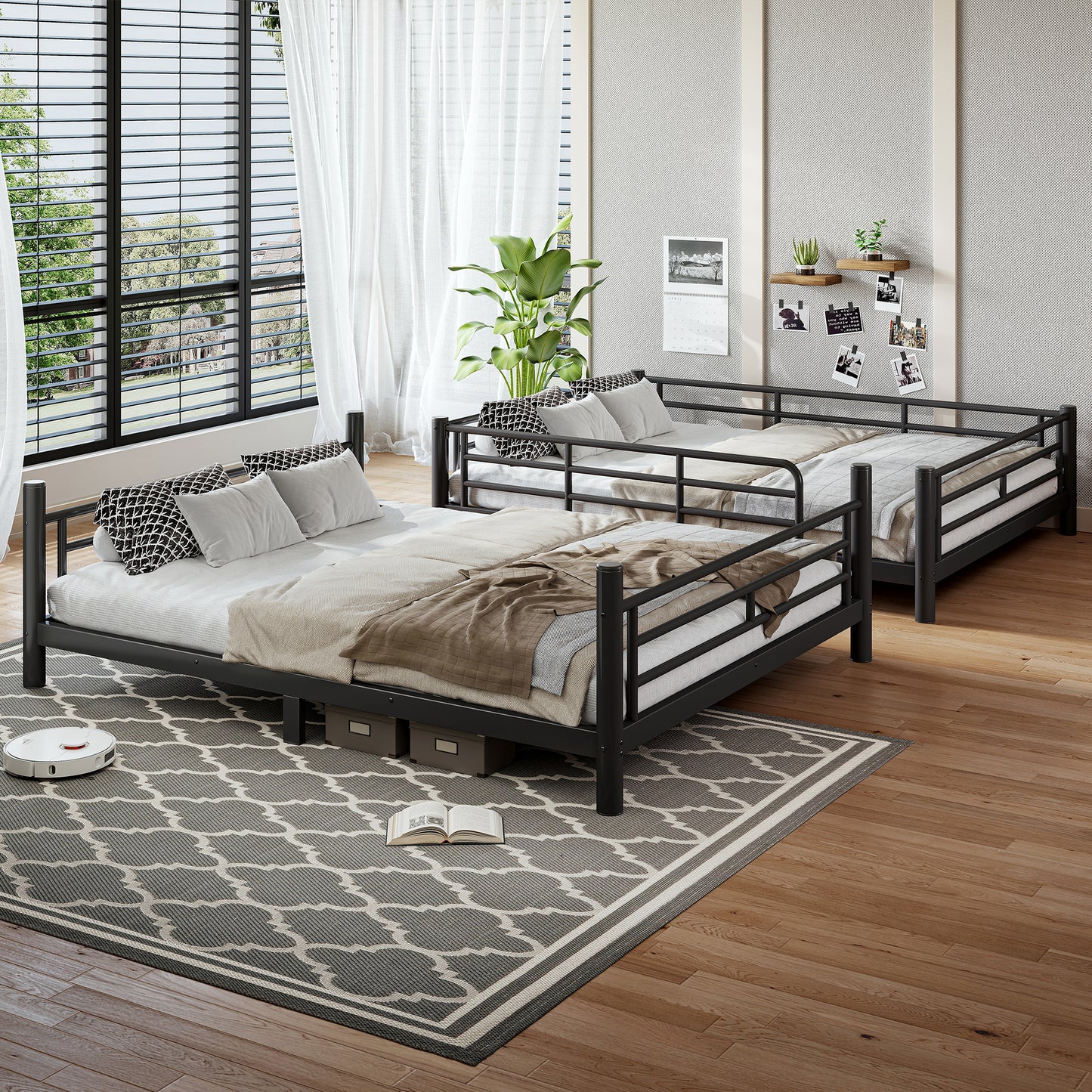 variant-group:rf-w1580s00607|Roomfitters Queen over Queen Metal Bunk Bed Frame for Teens Adults, Convertible 2 Separate Beds Round Tube, Black