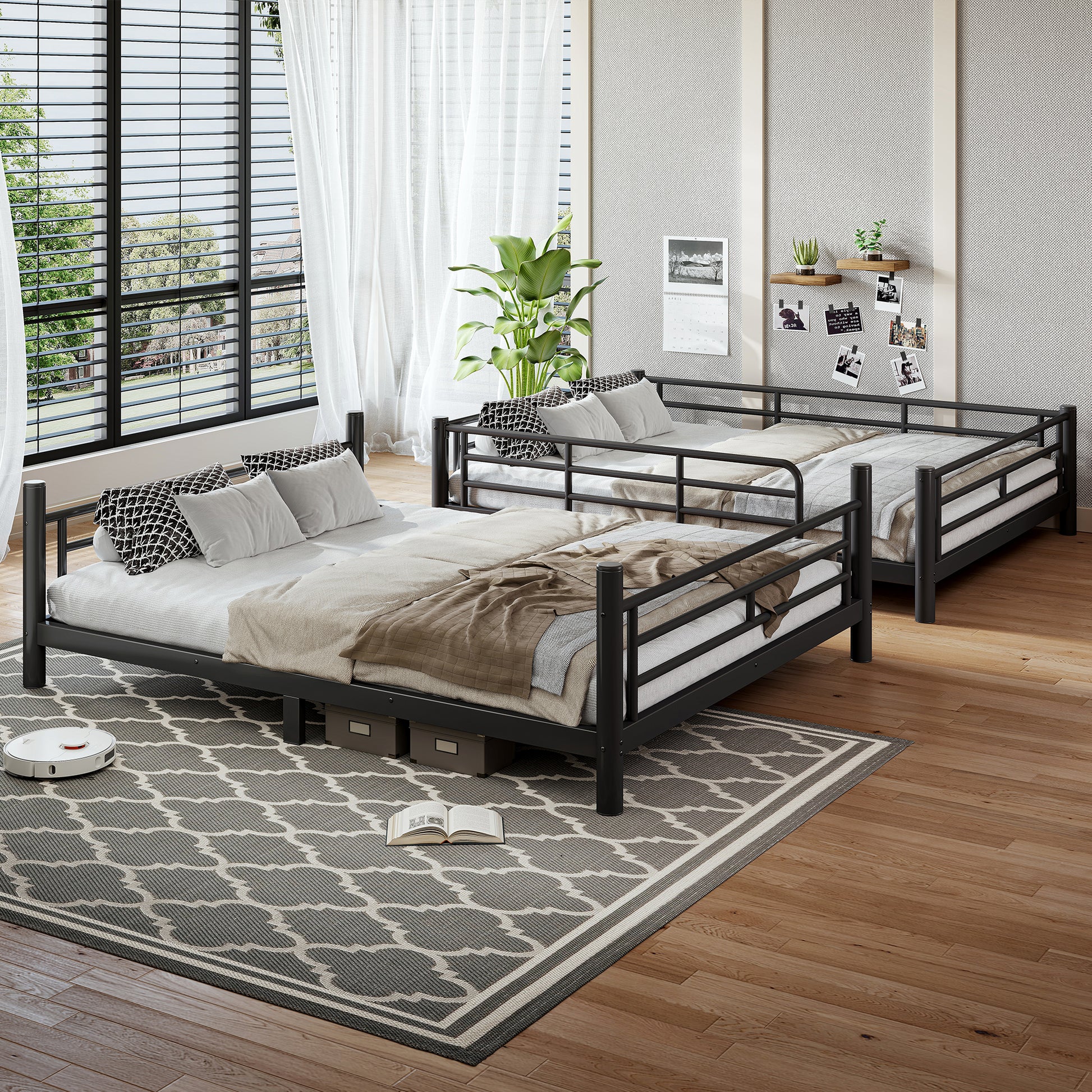 variant-group:rf-w1580s00607|Roomfitters Queen over Queen Metal Bunk Bed Frame for Teens Adults, Convertible 2 Separate Beds Round Tube, Black