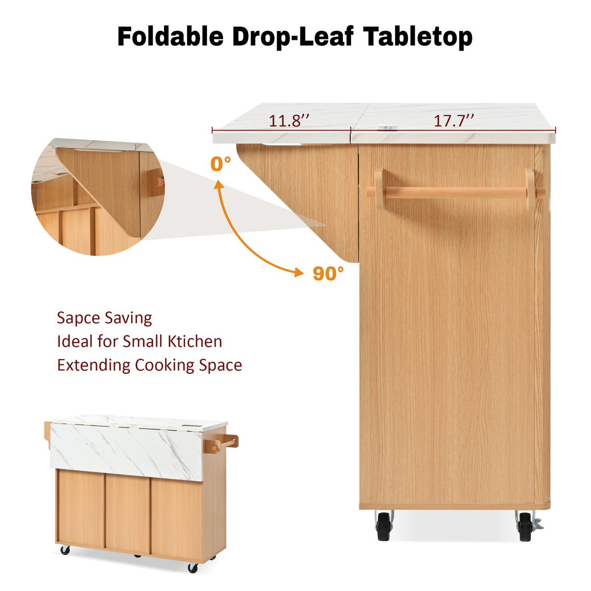 variant-group:rf-n707s000019y|Roomfitters 52" Fluted Kitchen Island with Drop Leaf, Power Outlet & Faux Marble Top, Natural