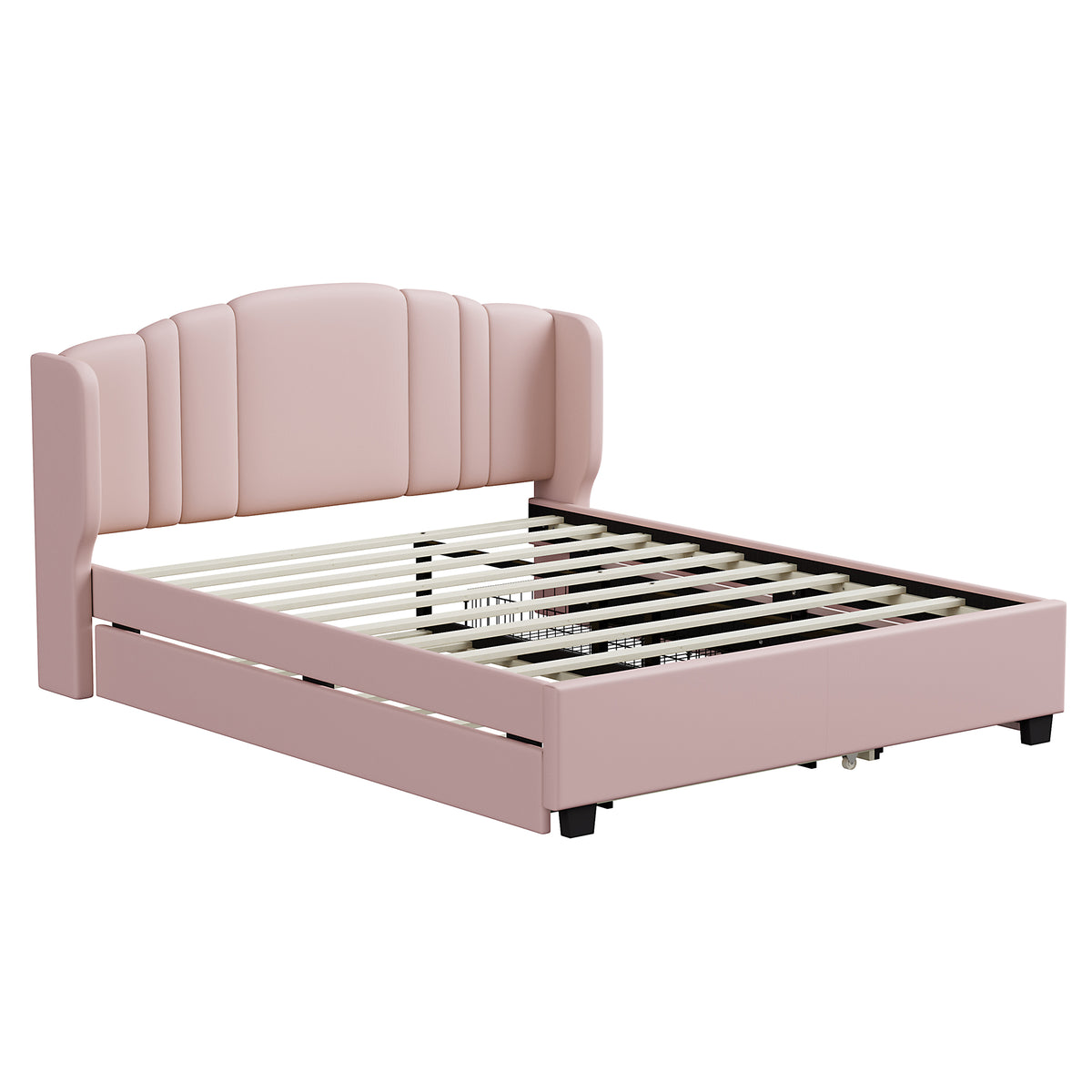 variant-group:rf-n733s208132h|Roomfitters Twin Size Trundle Upholstered Platform Bed with Wingback Headboard and 2 Drawers, No Box Spring Needed, Linen Fabric, Queen Size, Pink