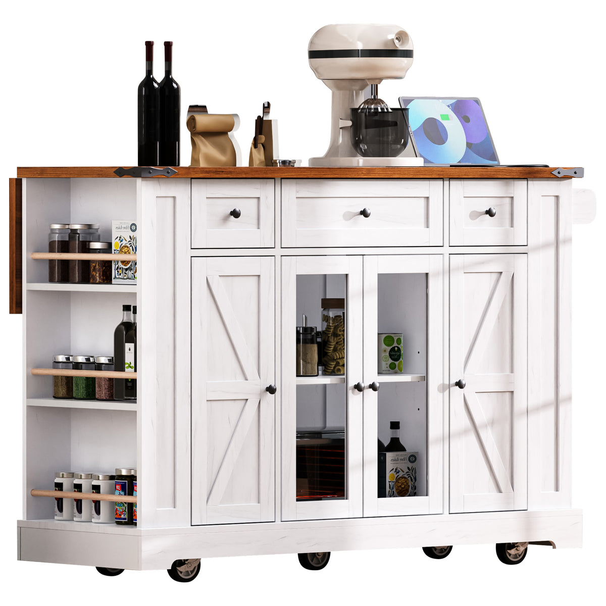 variant-group:rf-n707p263637w|Roomfitters 53" Rolling Kitchen Island with Drop Leaf, Mobile Cart with Glass Doors, 5 Side Shelves & Power Outlets, White