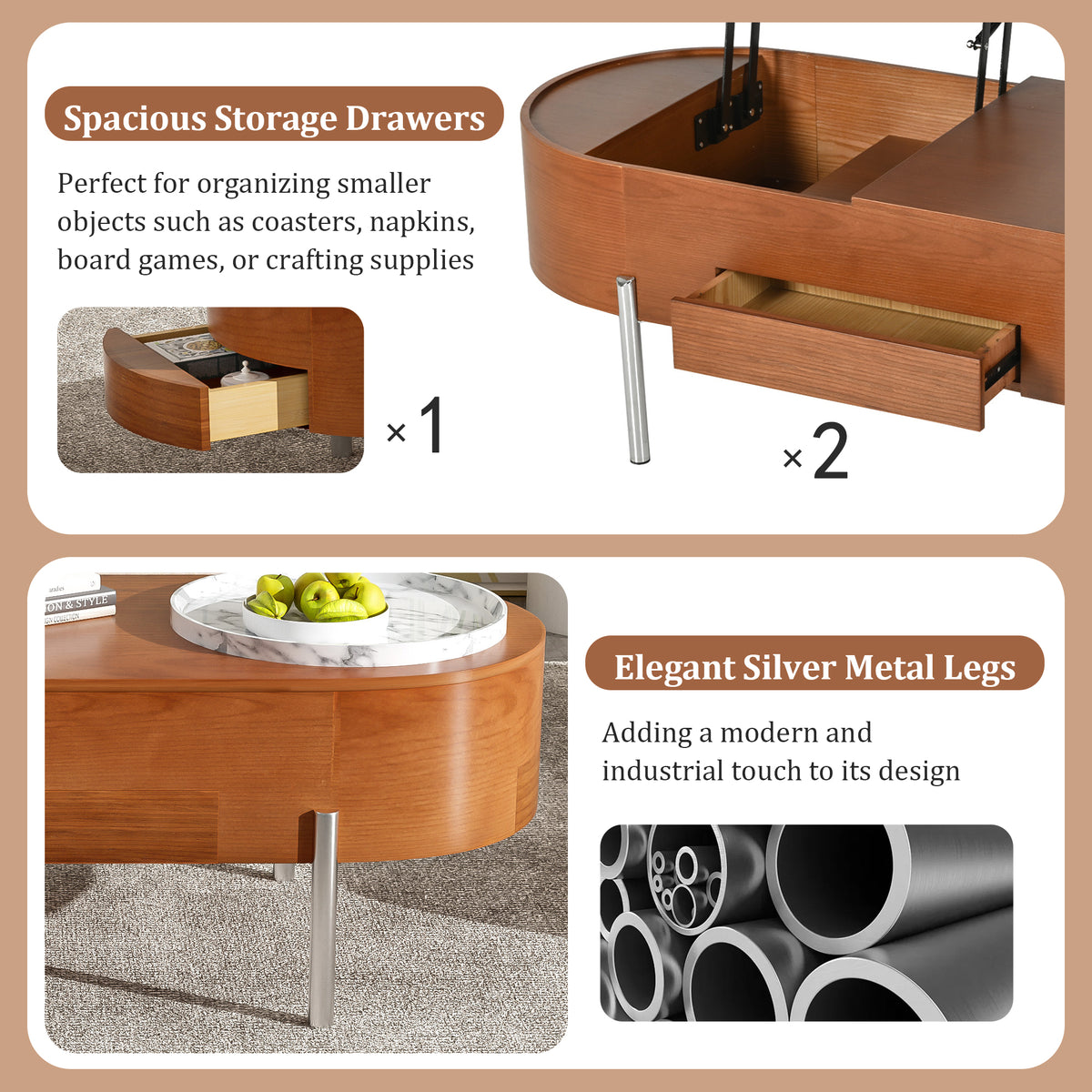 variant-group:rf-n724p228920d|Roomfitters Lift Top Oval Coffee Table with Rotating Marble Tray and Hidden Compartment, Brown