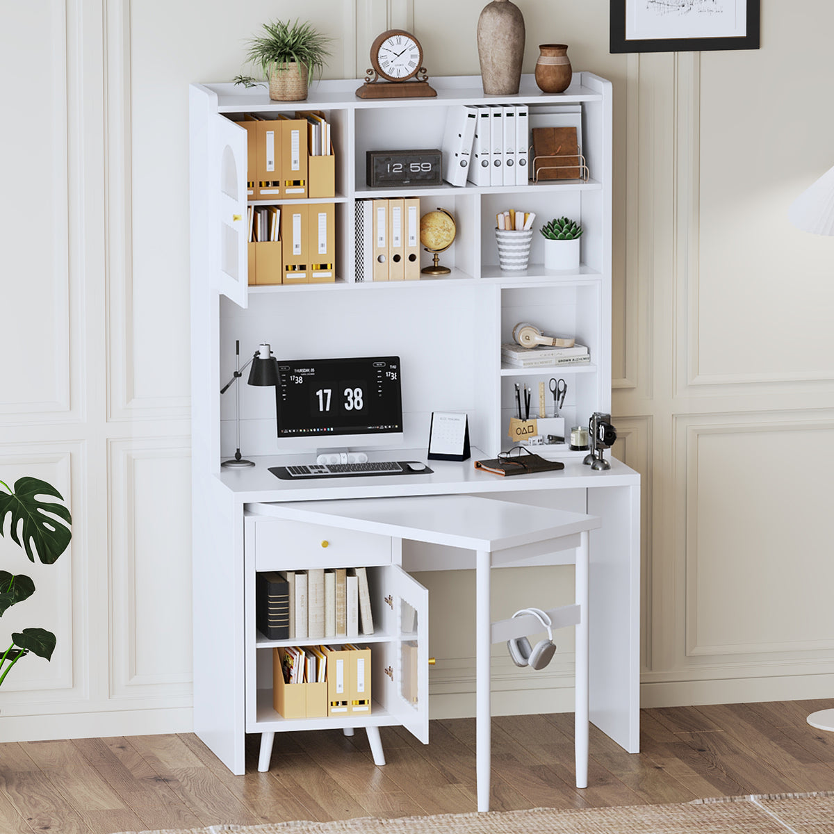 variant-group:rf-n733s363716k|Roomfitters Rotating L-Shaped Computer Desk with Shelves and Storage, 90° Swivel Office Writing Desk, White