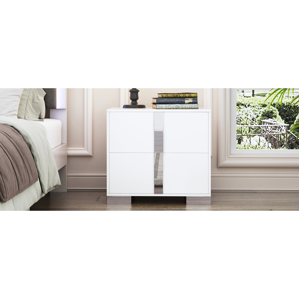 variant-group:rf-n733p307938w|Roomfitters Elegant Mirrored Nightstand with 2 Drawers and Metal Handle, Bedside Table for Bedroom or Living Room, White