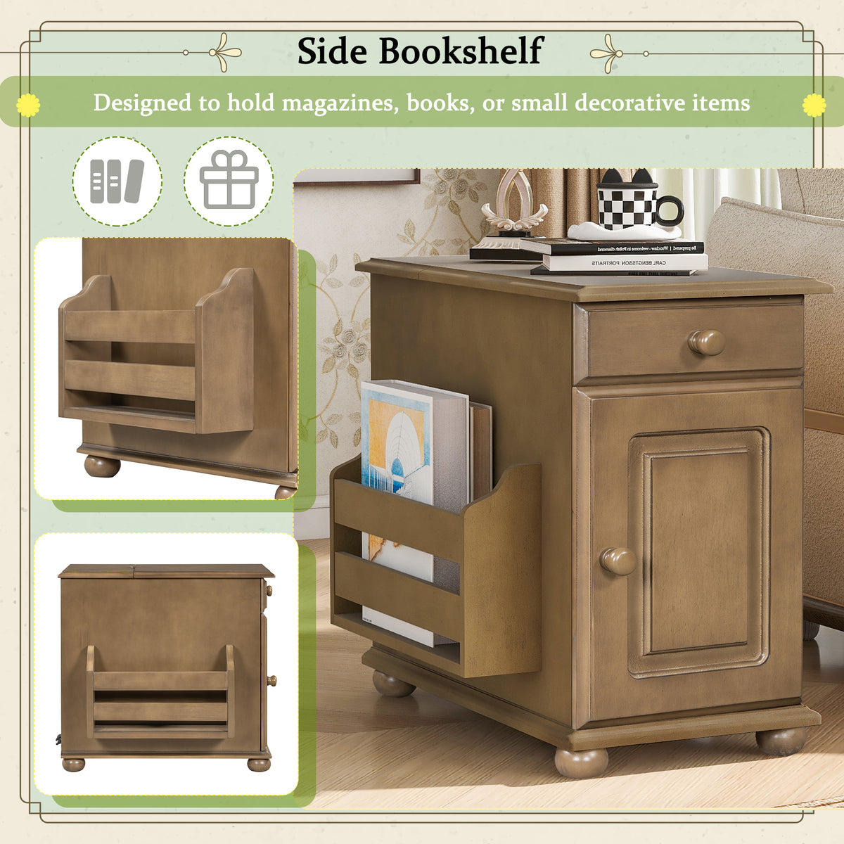 variant-group:rf-n724p293133d|Roomfitters Vintage Sofa Side Table with USB Ports, Flip Top, Cup Holders and Bookshelf Storage for Small Spaces, Brown