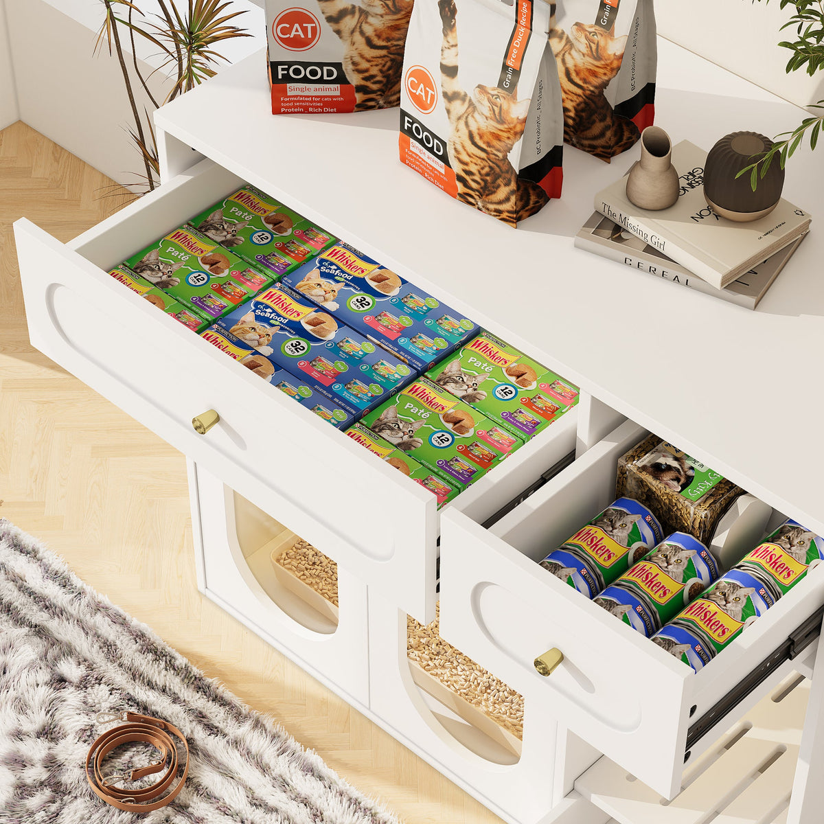 Roomfitters White Chic Sideboard Style Cat Litter Box Enclosure Cabinet with App Controlled LED Lighting Roomfitters