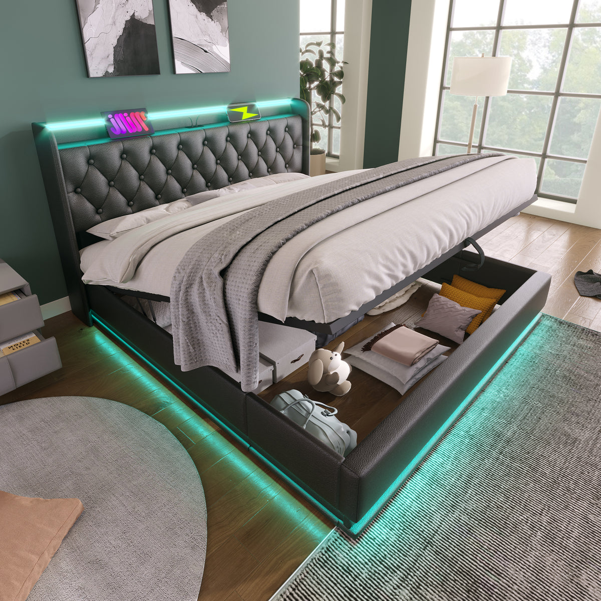 variant-group:rf-n736p188808b|Roomfitters King Size Upholstered Storage Bed with USB Type-C Charging and Remote Control, Faux Leather Black